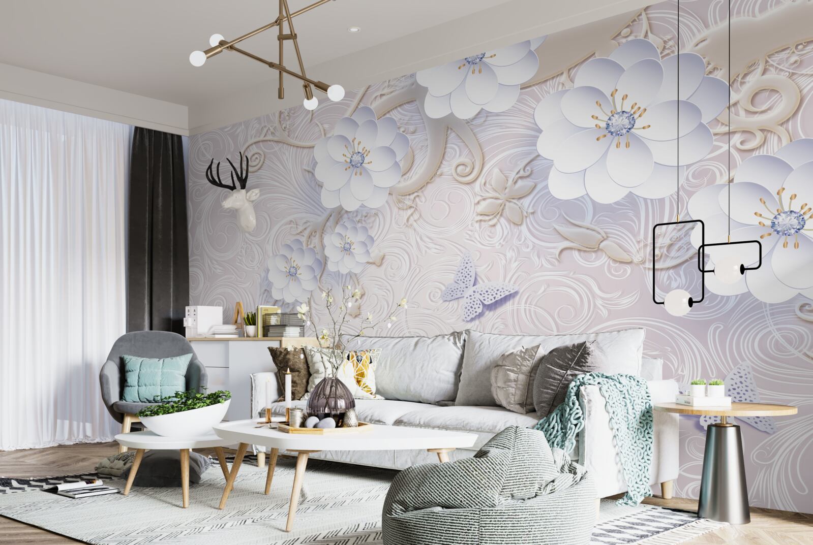 Fotobehang sneeuwwitte bloemen en vlinders zweven in de lucht