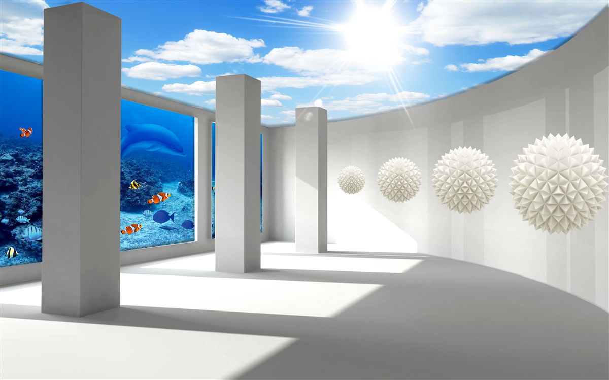 Fotobehang Sneeuwwitte bollen omcirkelen het aquarium onder de gewelfde hemel