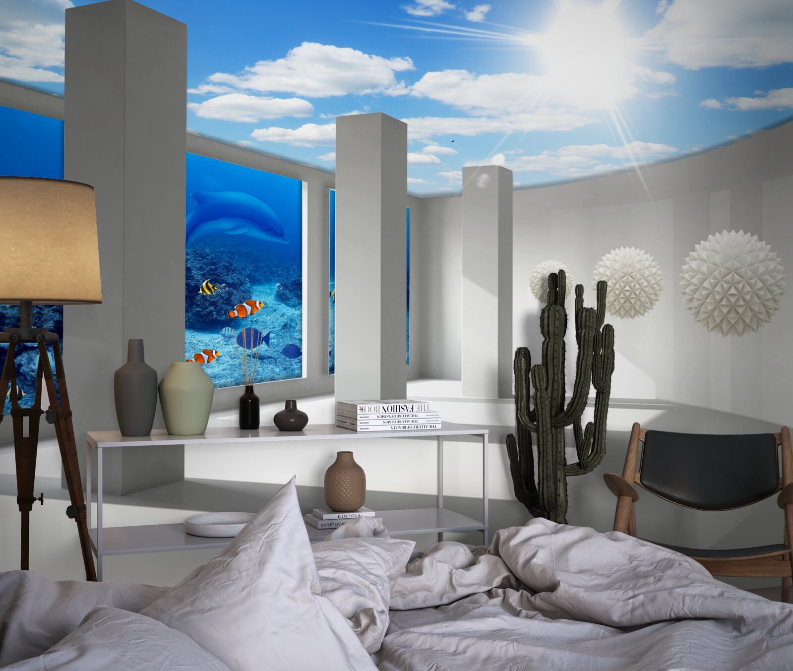 Fotobehang Sneeuwwitte bollen omcirkelen het aquarium onder de gewelfde hemel