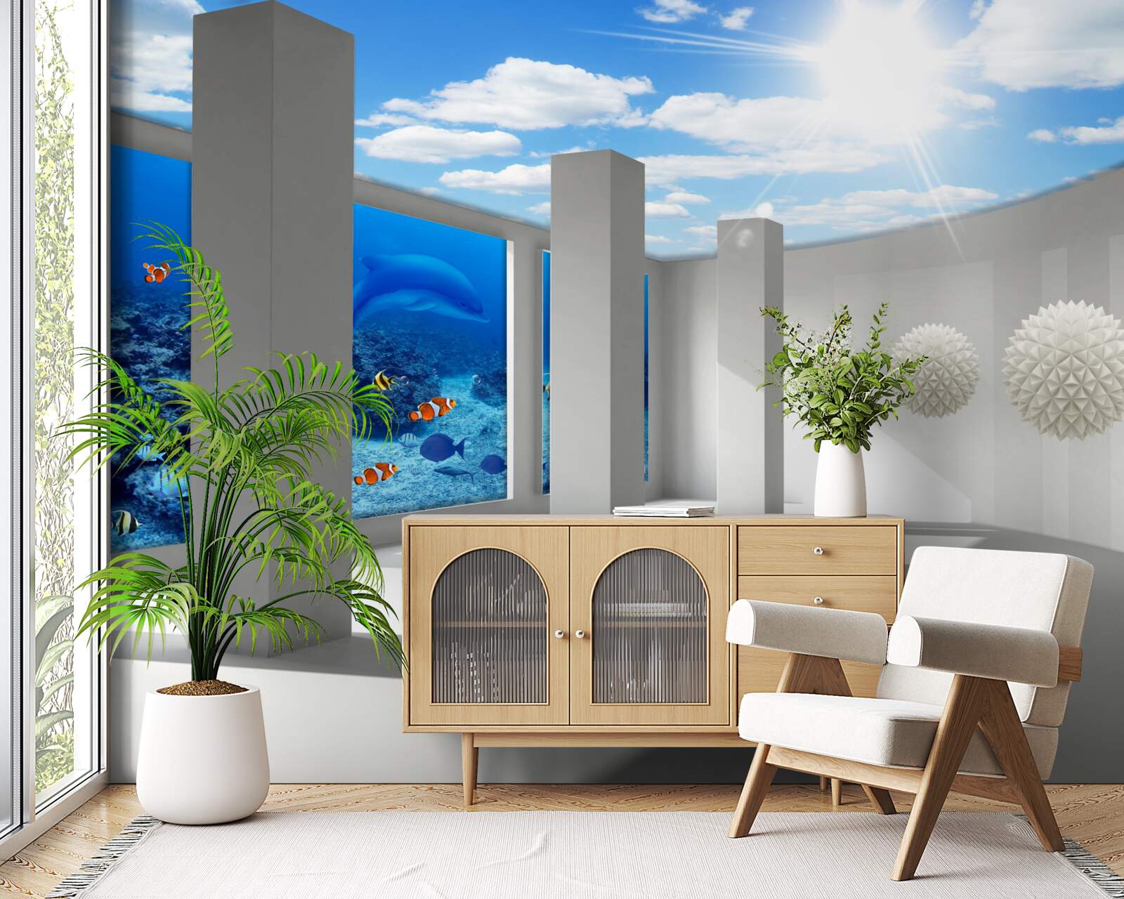 Fotobehang Sneeuwwitte bollen omcirkelen het aquarium onder de gewelfde hemel