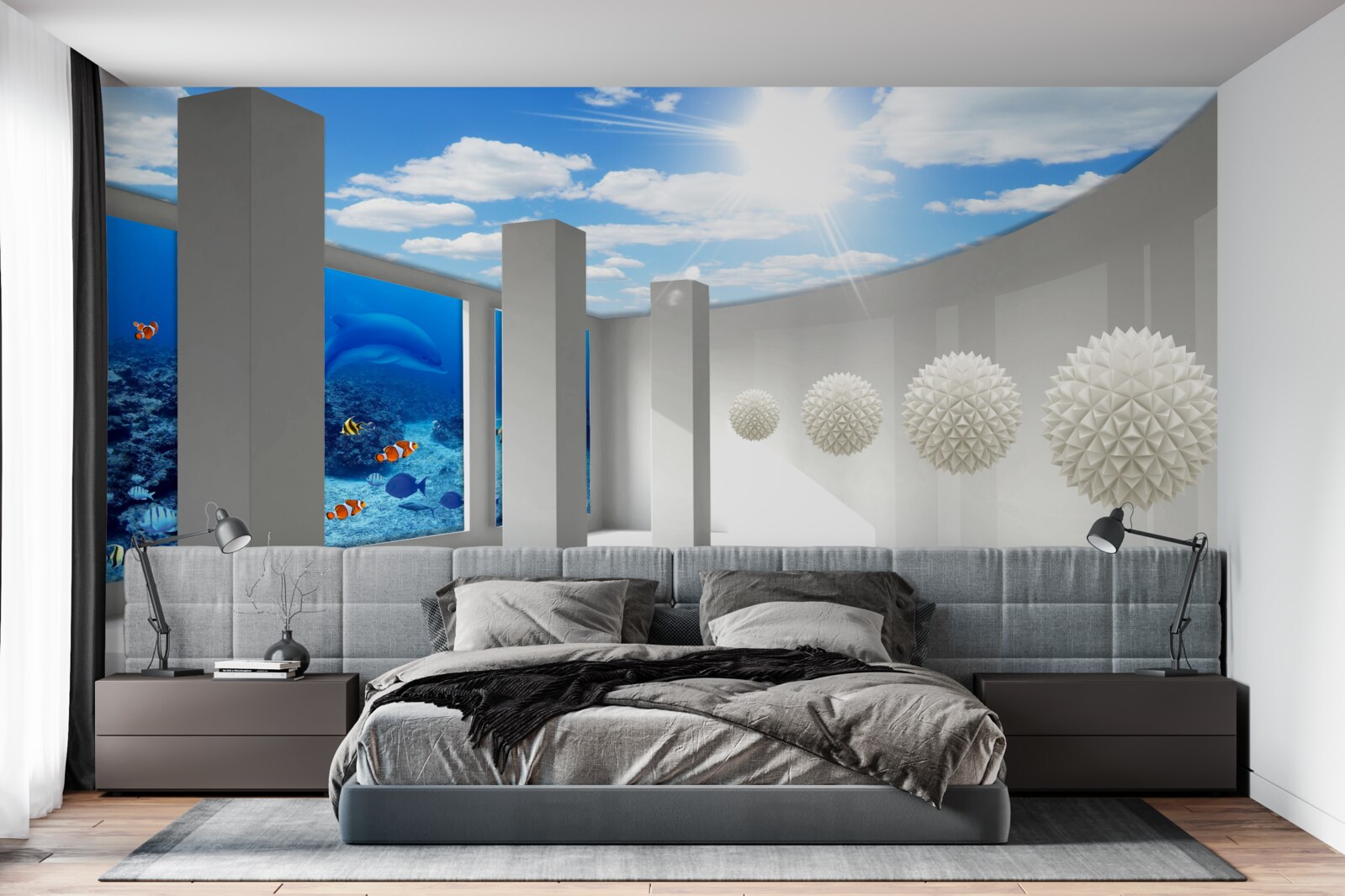 Fotobehang Sneeuwwitte bollen omcirkelen het aquarium onder de gewelfde hemel