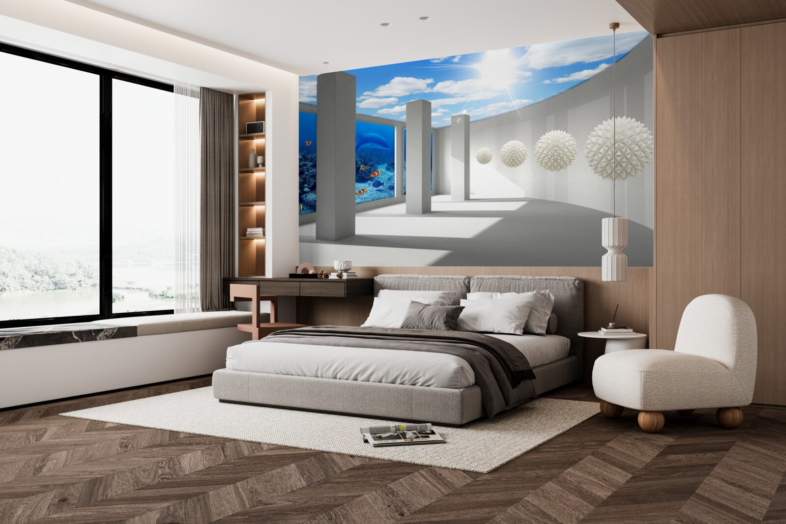 Fotobehang Sneeuwwitte bollen omcirkelen het aquarium onder de gewelfde hemel