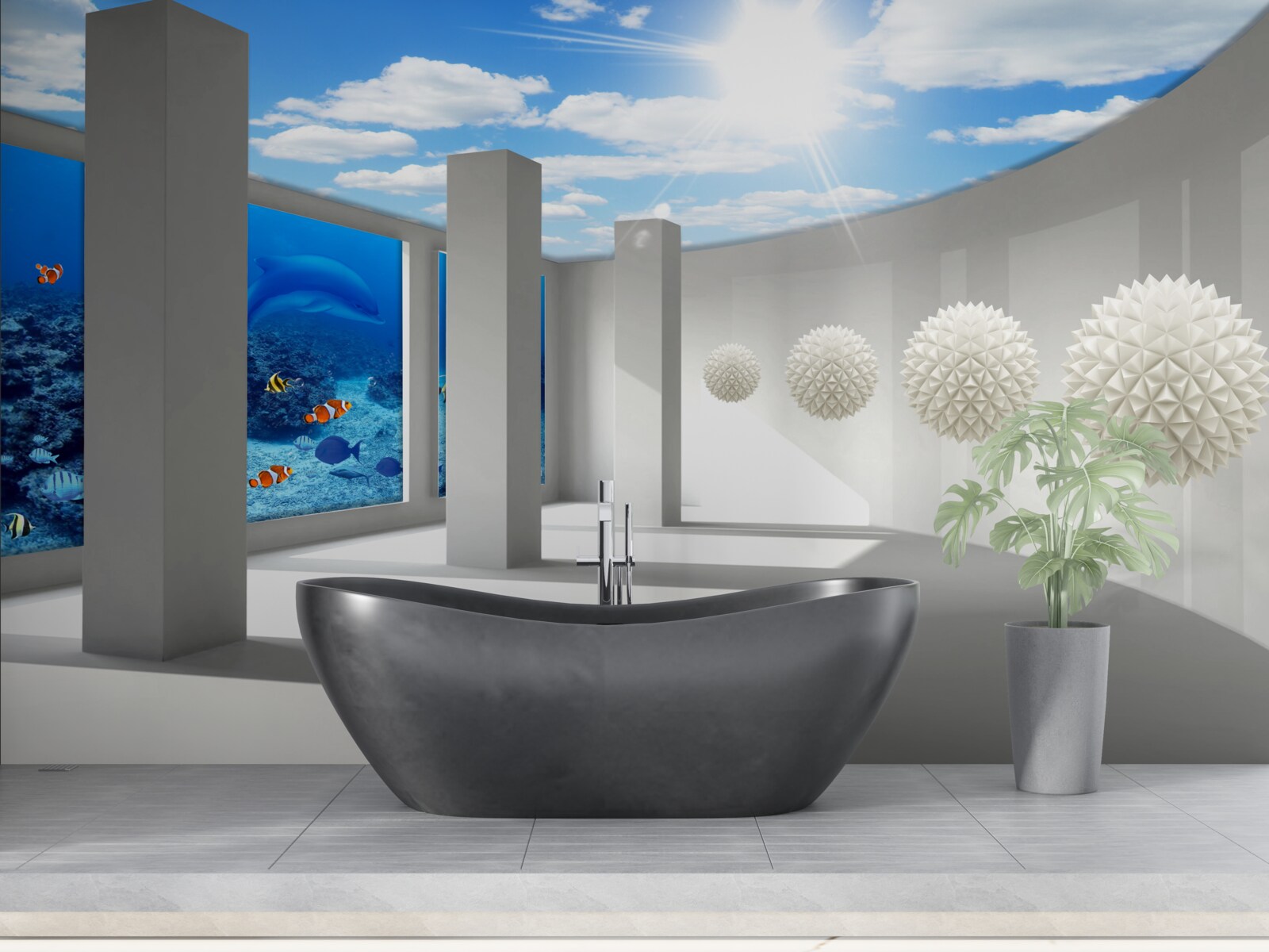 Fotobehang Sneeuwwitte bollen omcirkelen het aquarium onder de gewelfde hemel