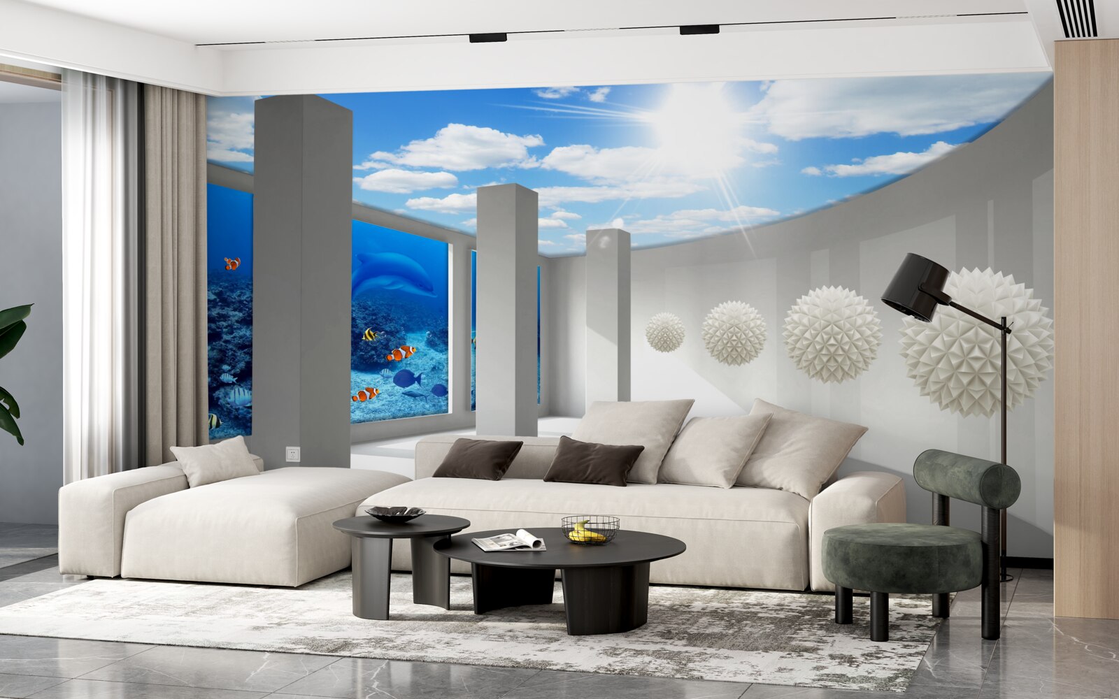 Fotobehang Sneeuwwitte bollen omcirkelen het aquarium onder de gewelfde hemel