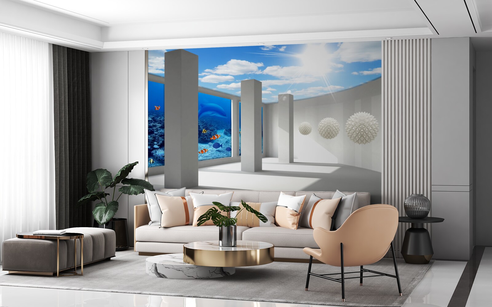 Fotobehang Sneeuwwitte bollen omcirkelen het aquarium onder de gewelfde hemel