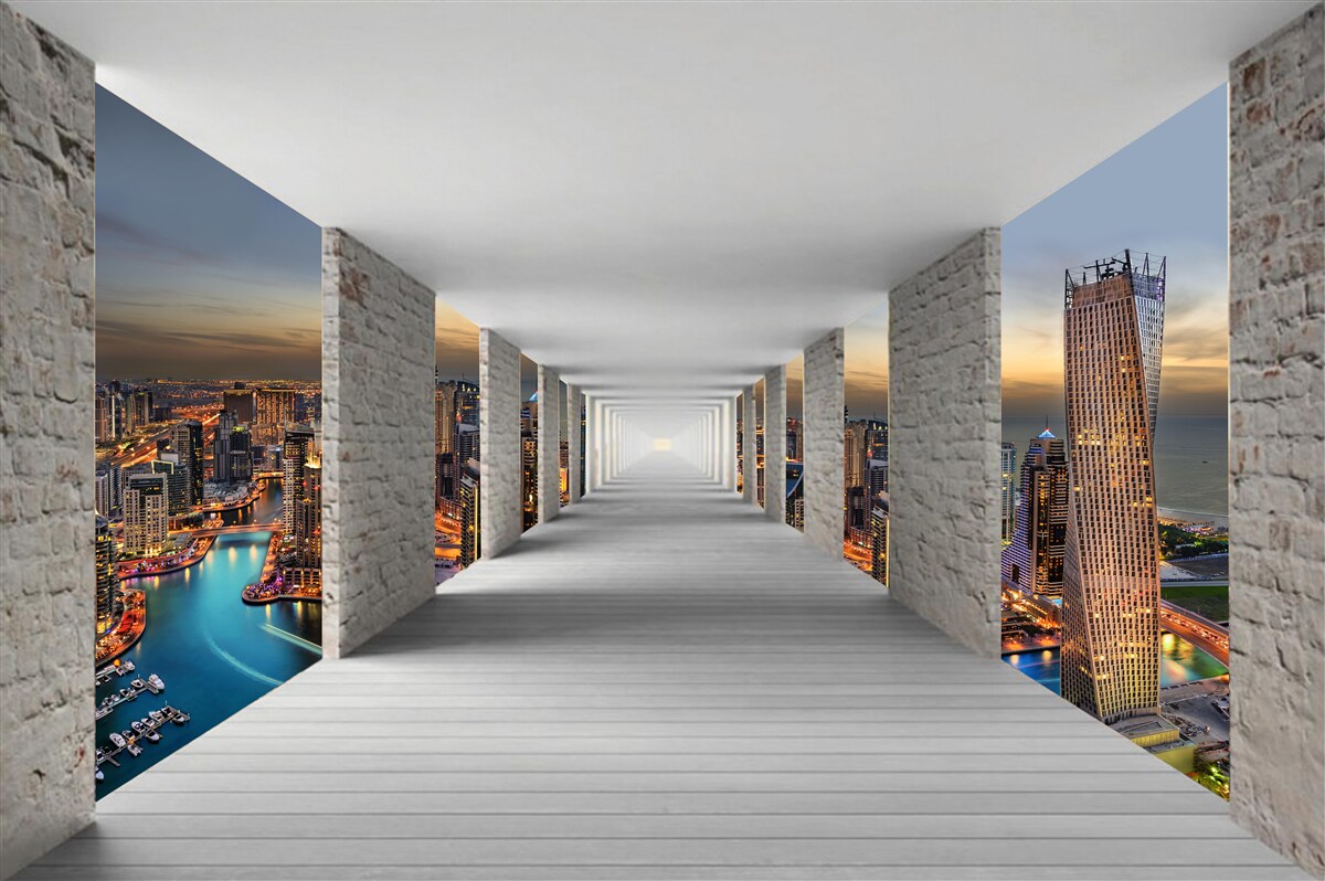 Fotobehang 3d galerij over stadsgebouwen