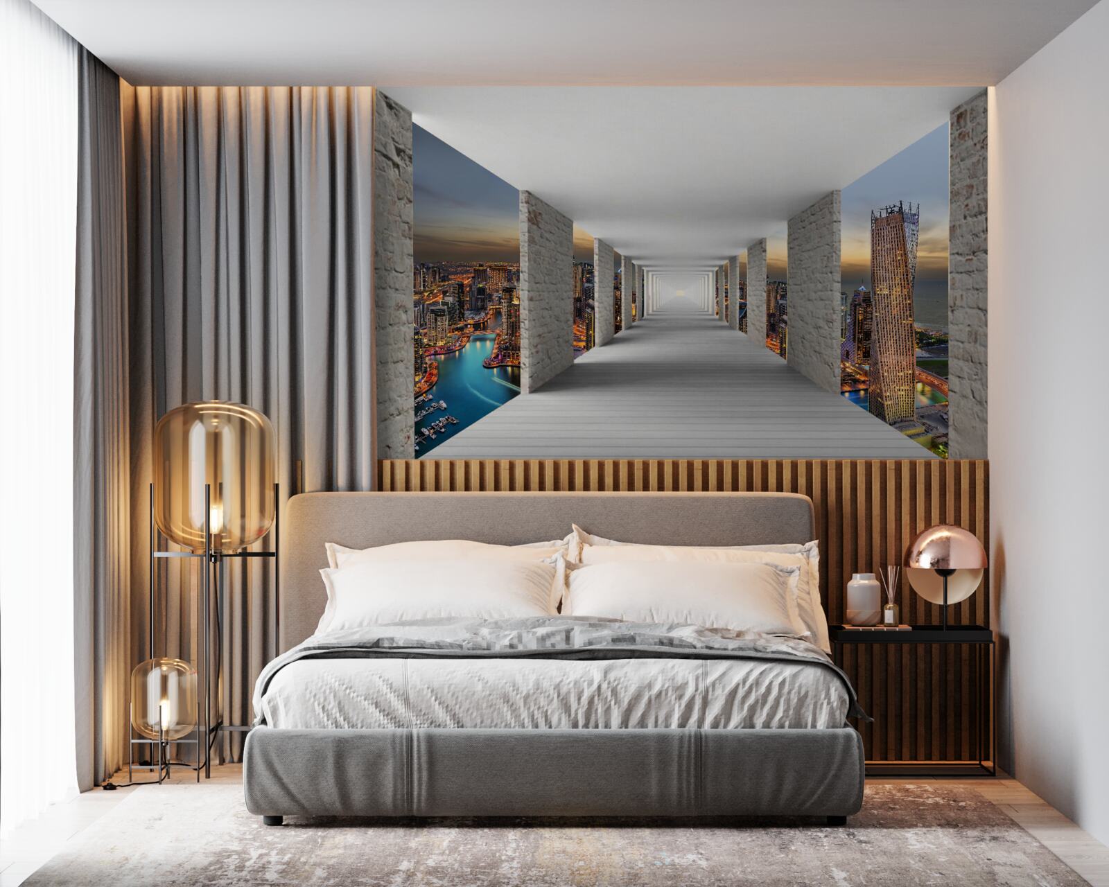 Fotobehang 3d galerij over stadsgebouwen