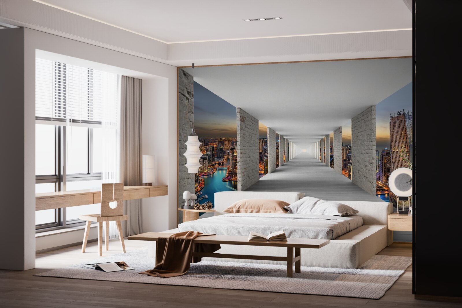 Fotobehang 3d galerij over stadsgebouwen