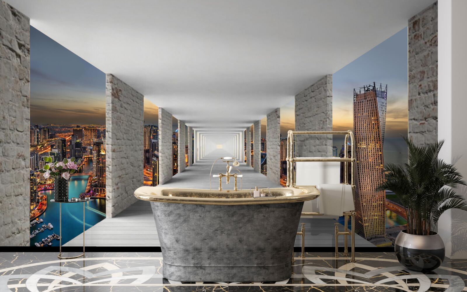 Fotobehang 3d galerij over stadsgebouwen