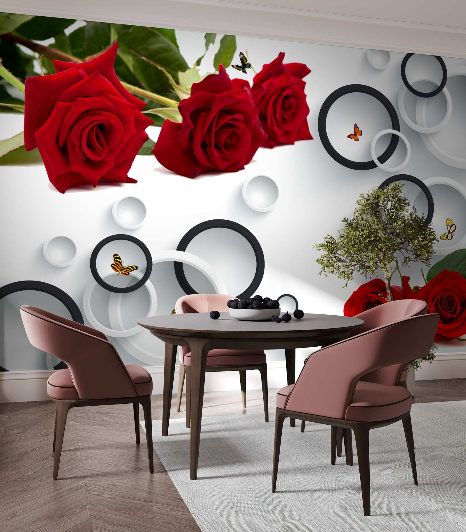 Fotobehang cirkels en rozen in rood