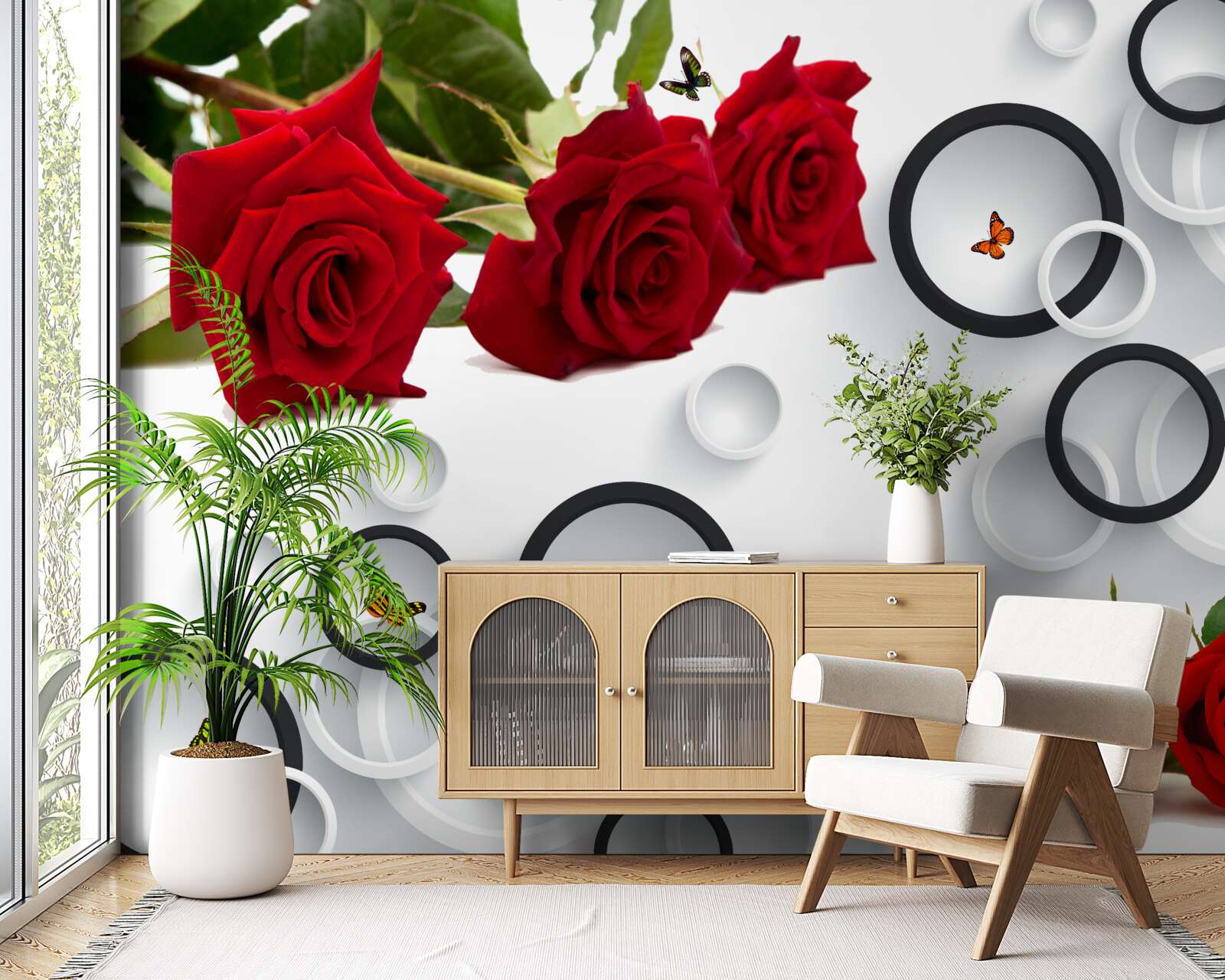 Fotobehang cirkels en rozen in rood