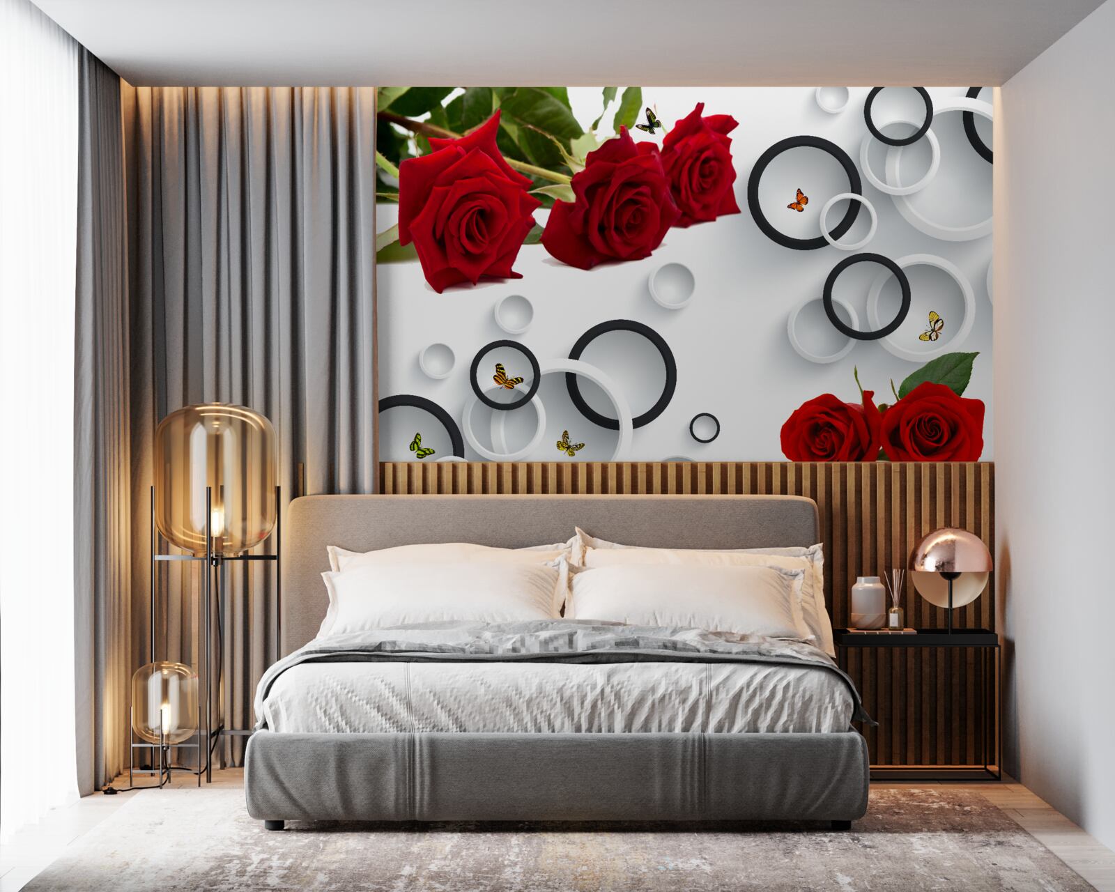 Fotobehang cirkels en rozen in rood