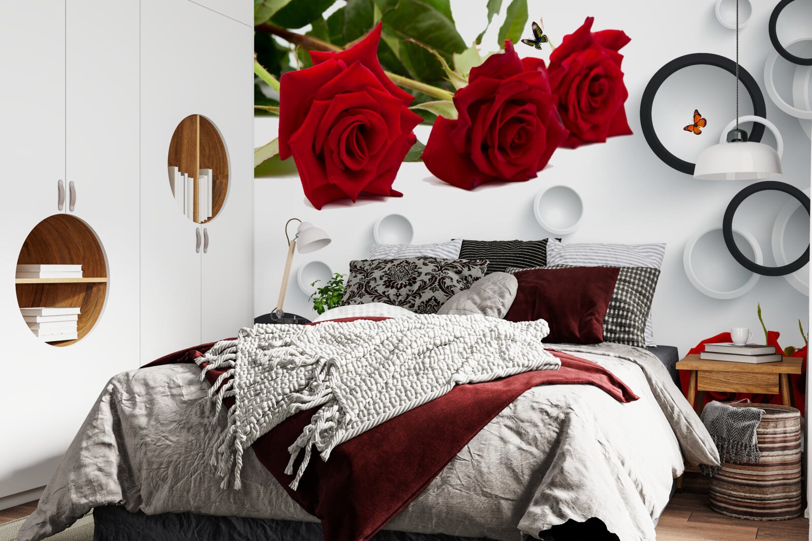 Fotobehang cirkels en rozen in rood