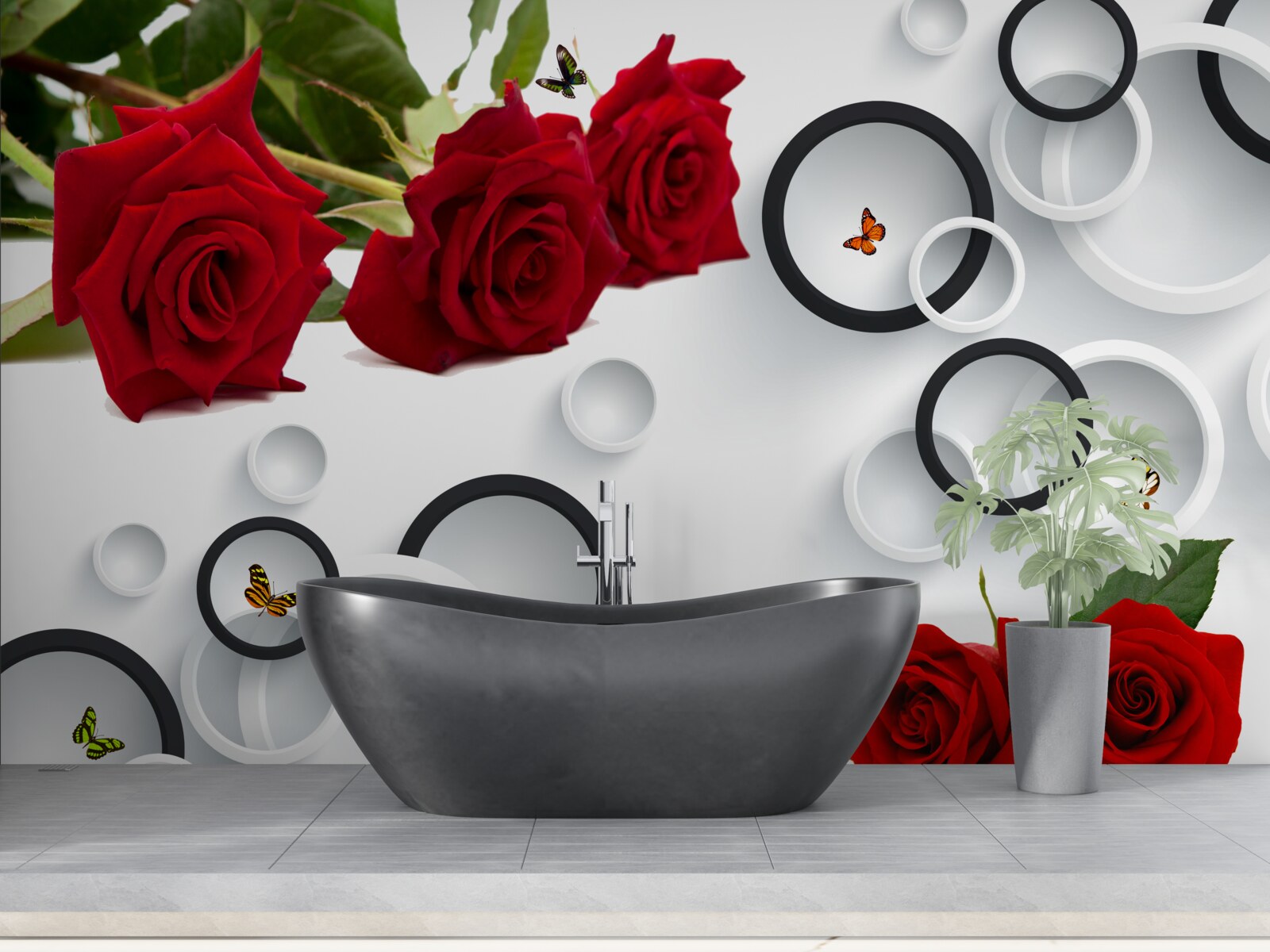 Fotobehang cirkels en rozen in rood