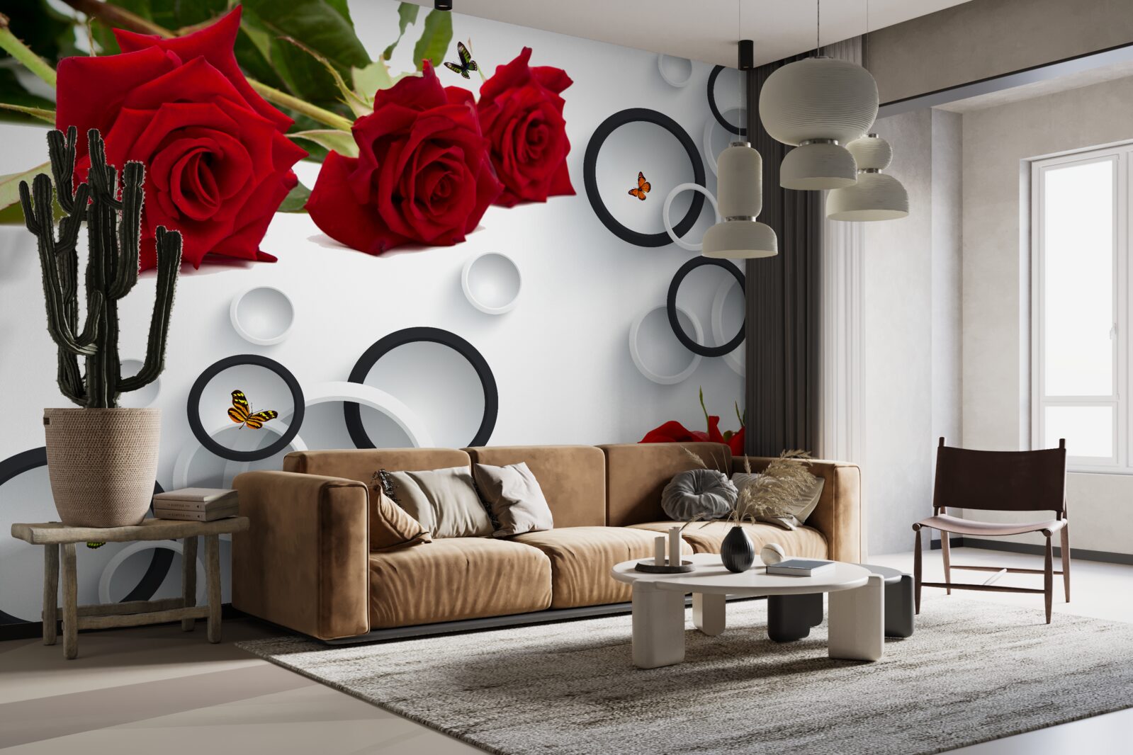 Fotobehang cirkels en rozen in rood