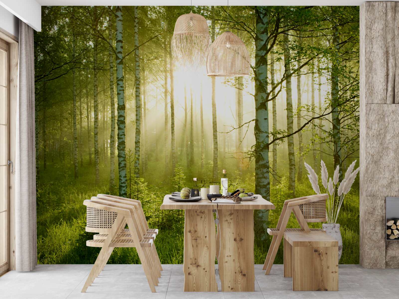 Fotobehang Dageraad in het berkenbos