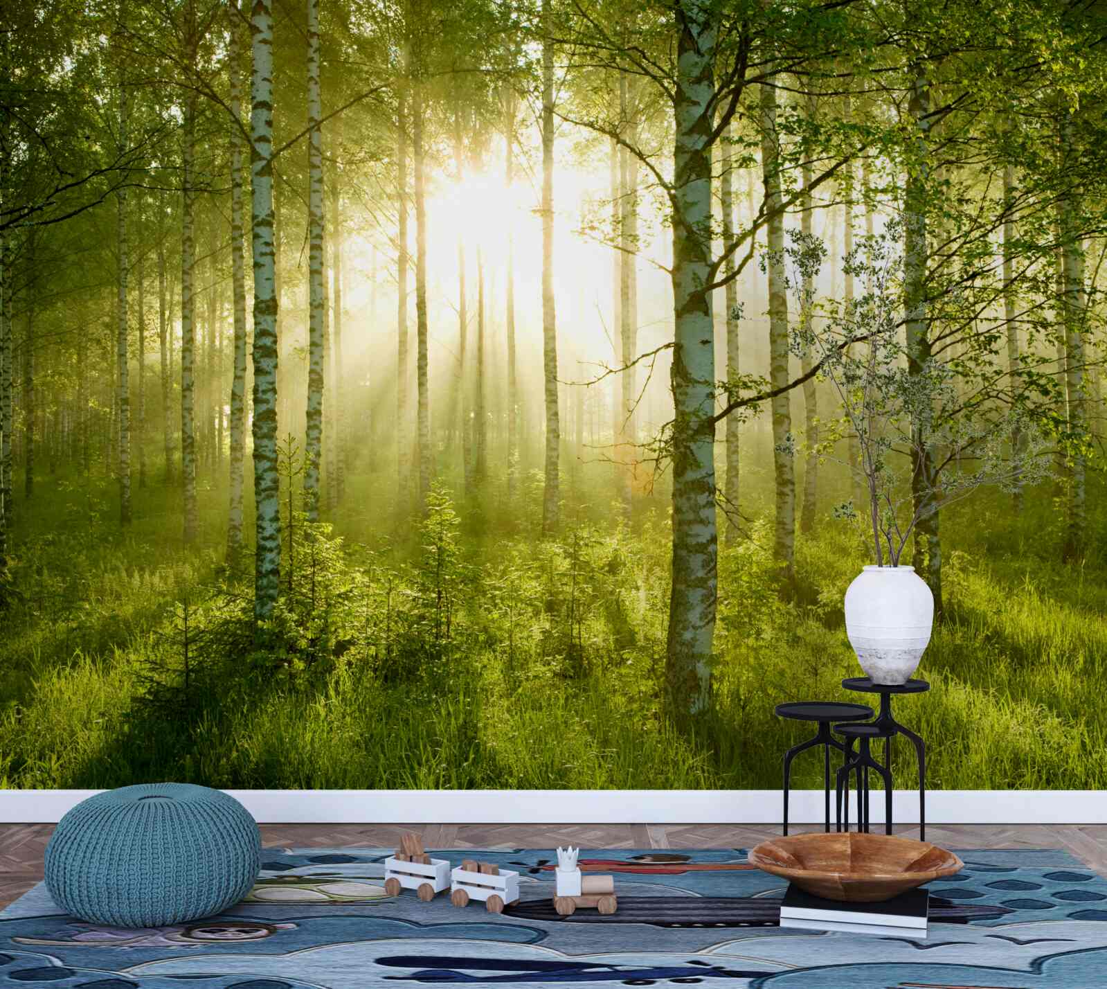 Fotobehang Dageraad in het berkenbos