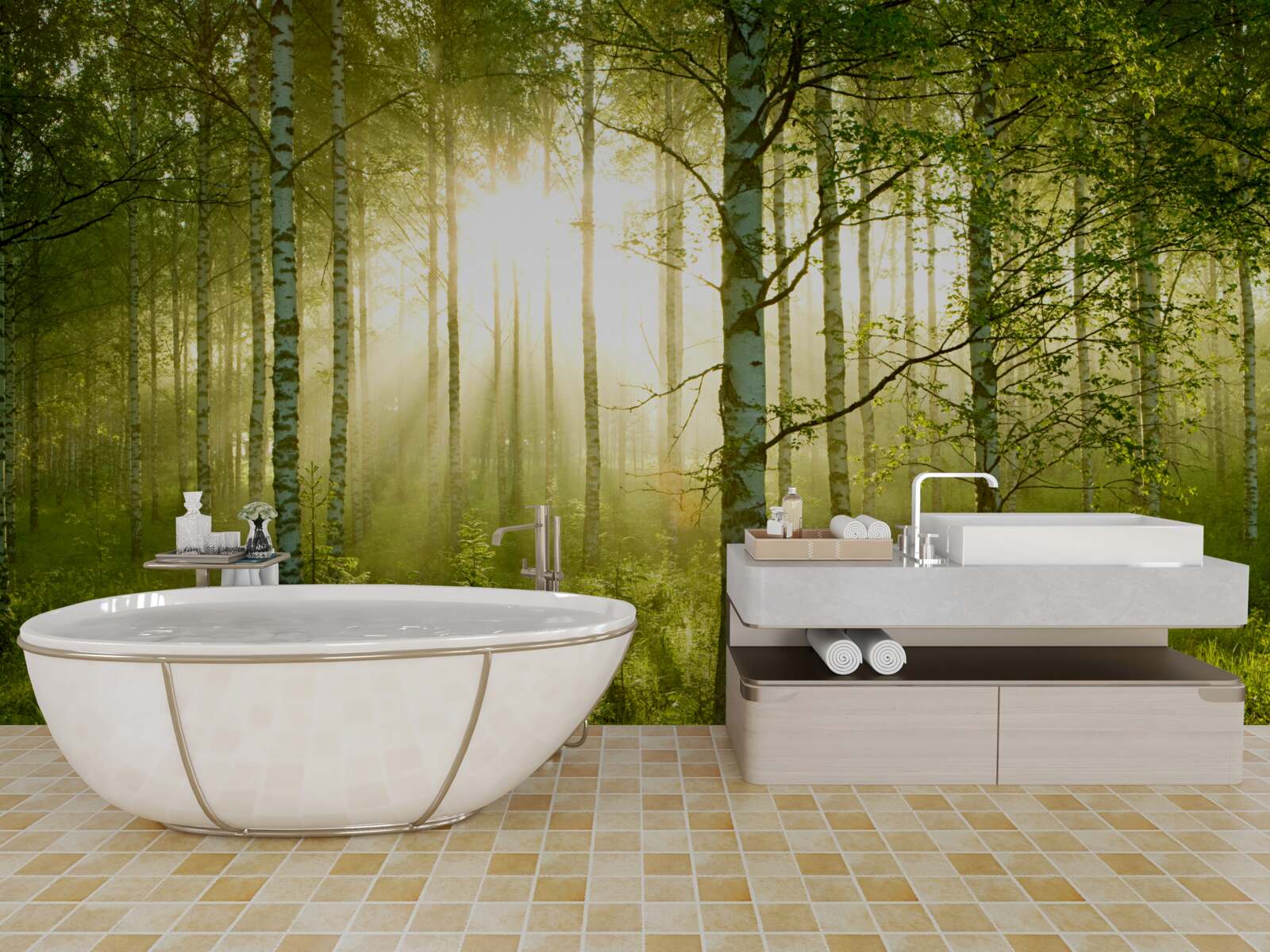 Fotobehang Dageraad in het berkenbos