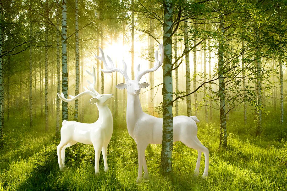 Fotobehang witte herten in een groenachtig bos