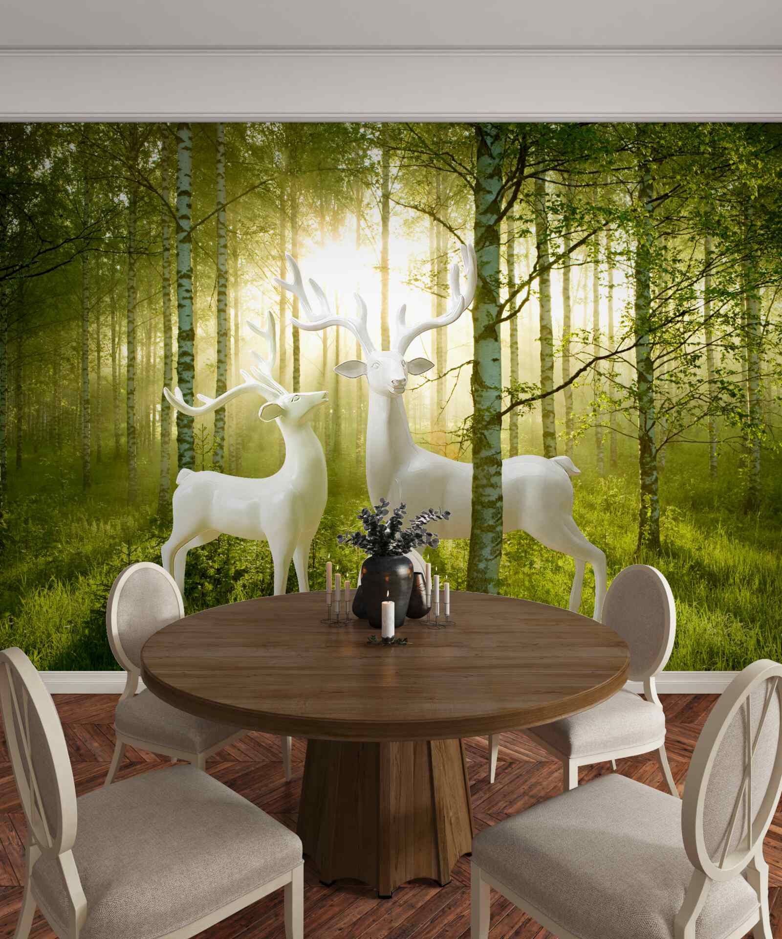 Fotobehang witte herten in een groenachtig bos