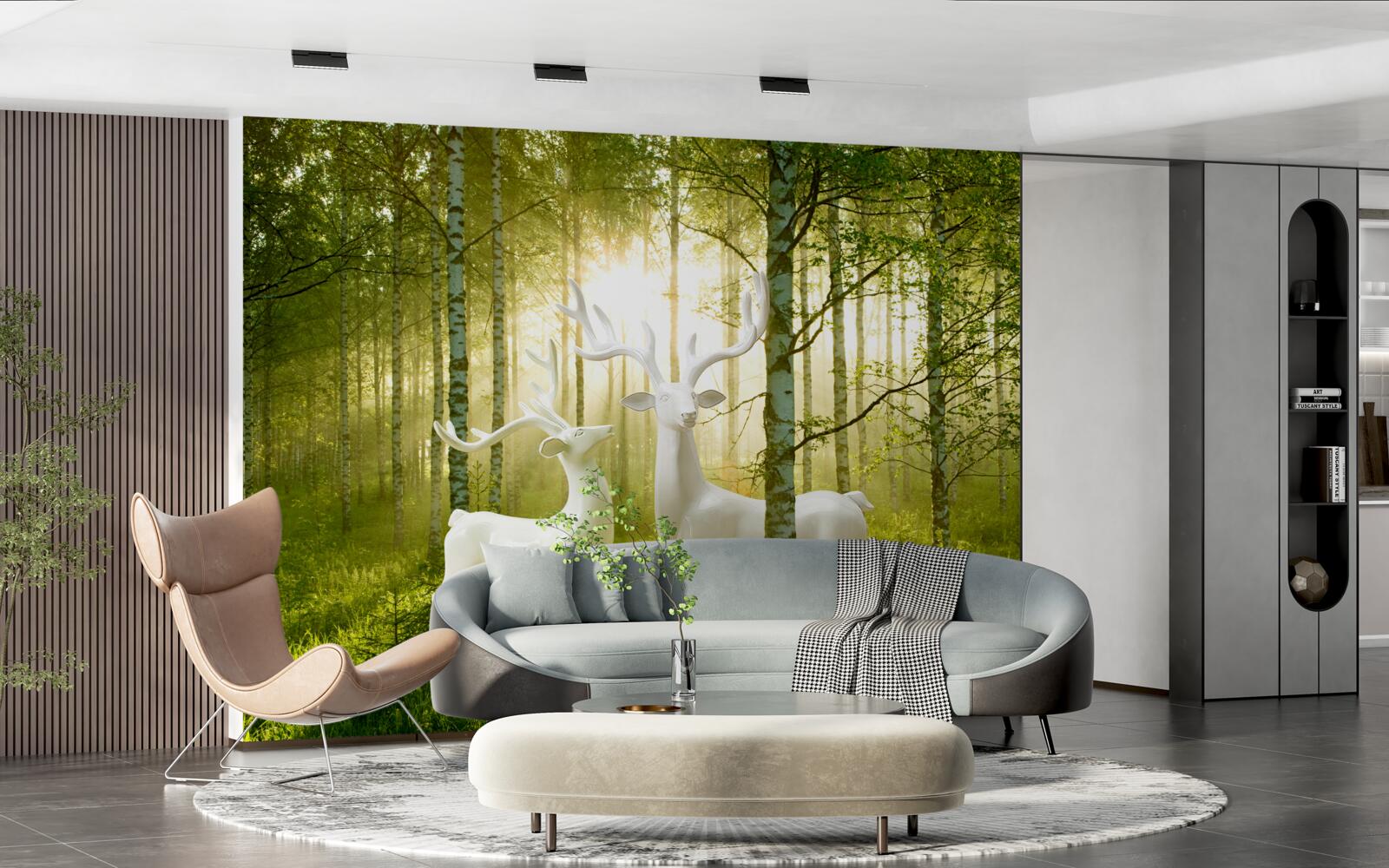 Fotobehang witte herten in een groenachtig bos