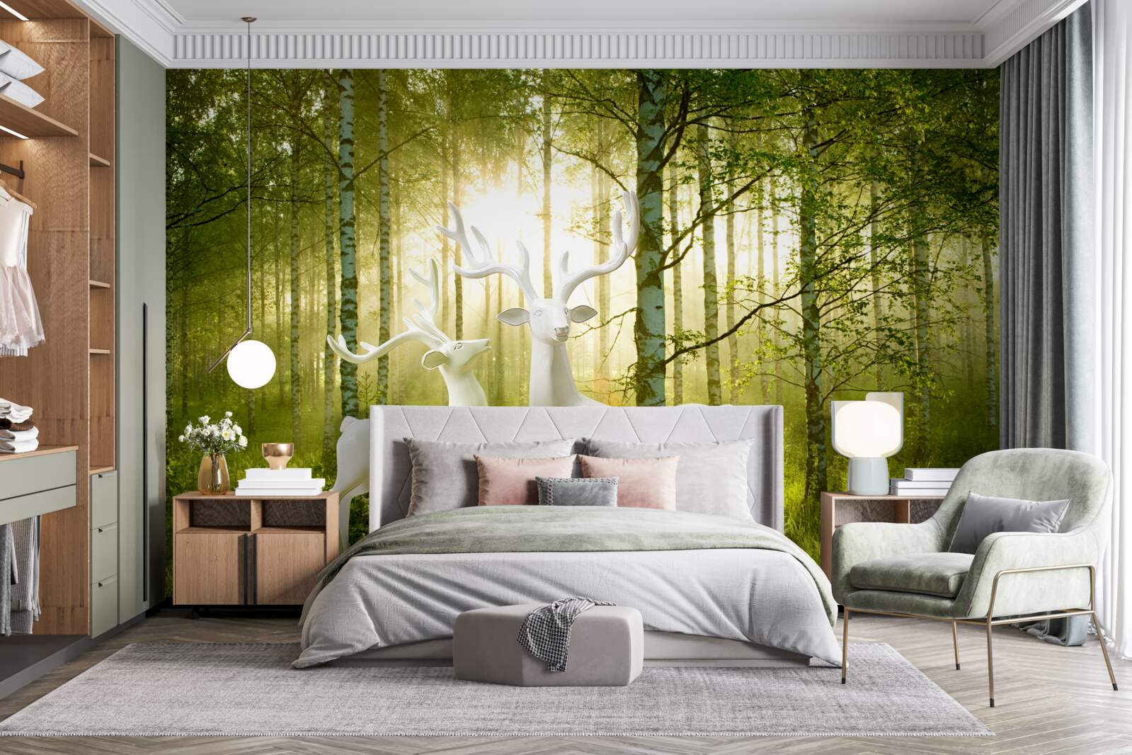 Fotobehang witte herten in een groenachtig bos