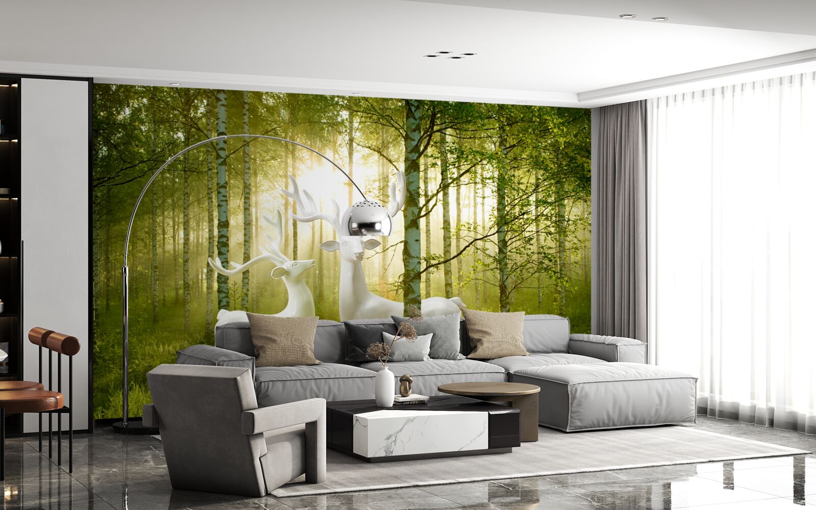 Fotobehang witte herten in een groenachtig bos