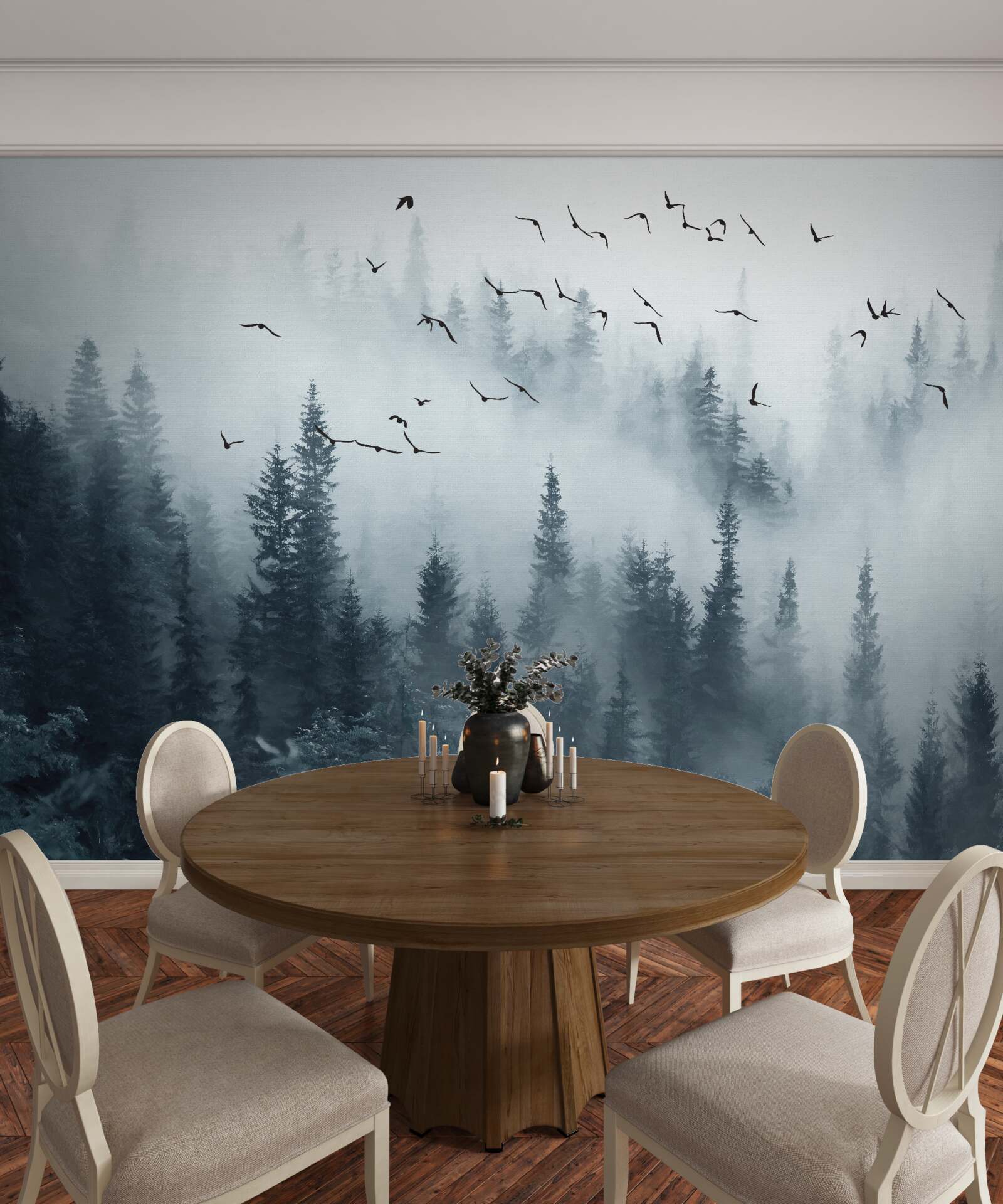 Fotobehang bos omgeven door mist blijft onder vliegende vogels