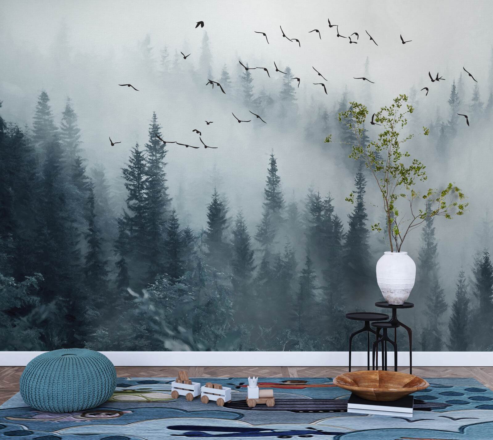 Fotobehang bos omgeven door mist blijft onder vliegende vogels