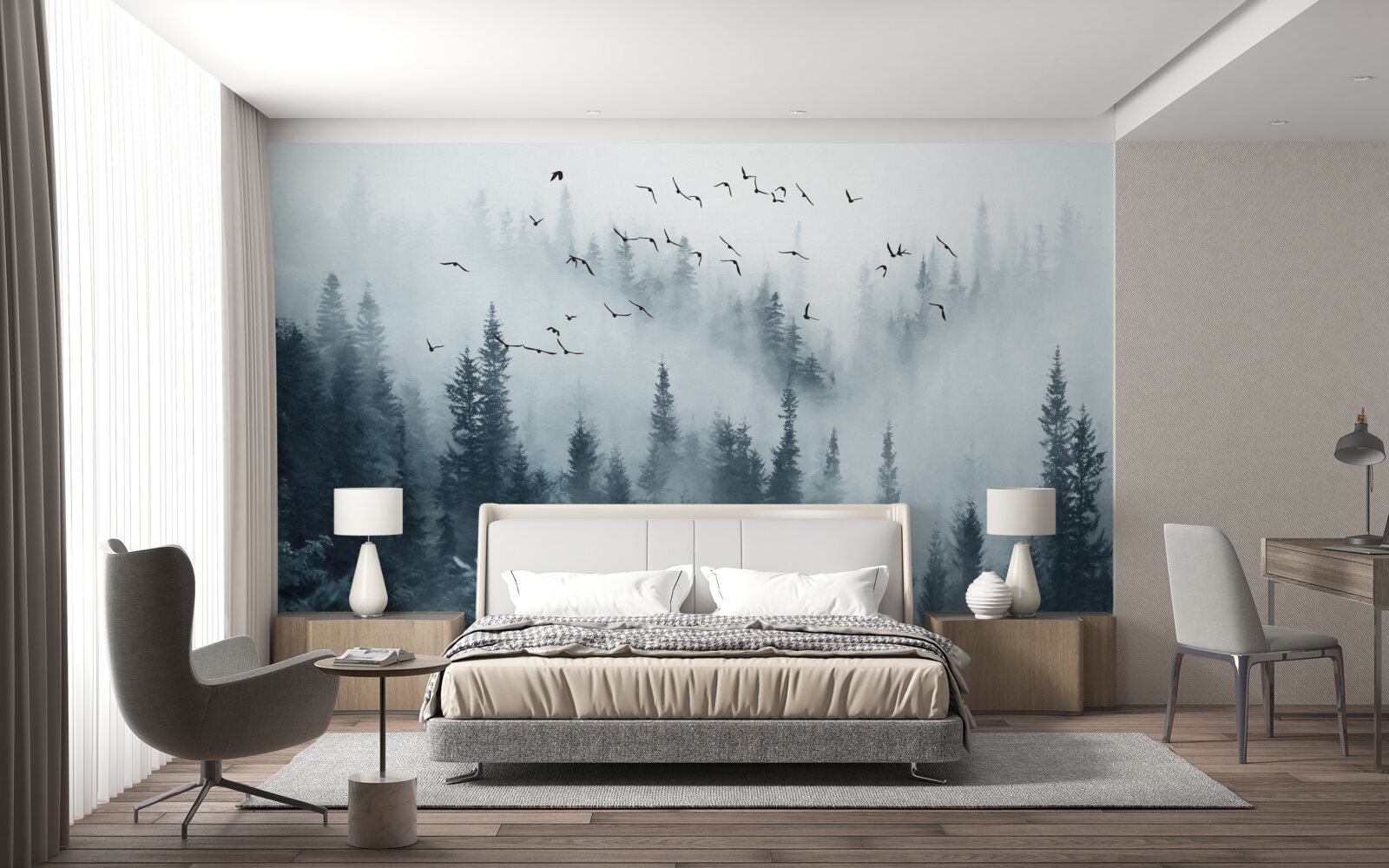 Fotobehang bos omgeven door mist blijft onder vliegende vogels