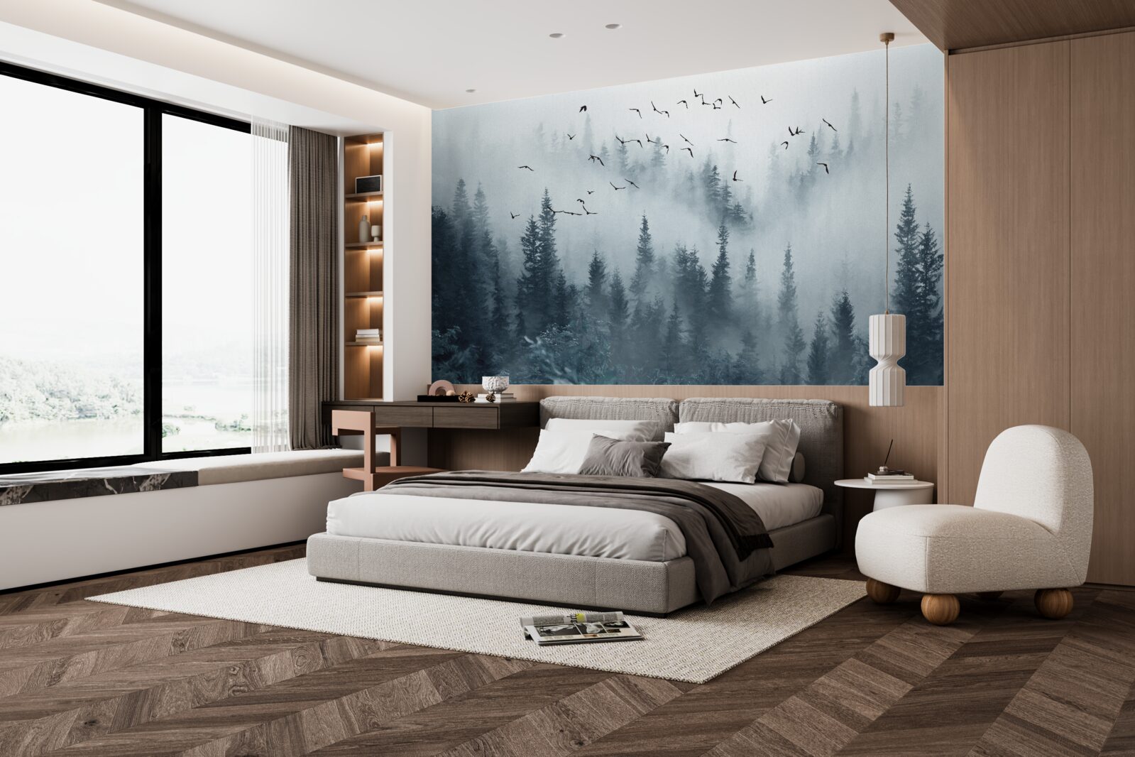 Fotobehang bos omgeven door mist blijft onder vliegende vogels