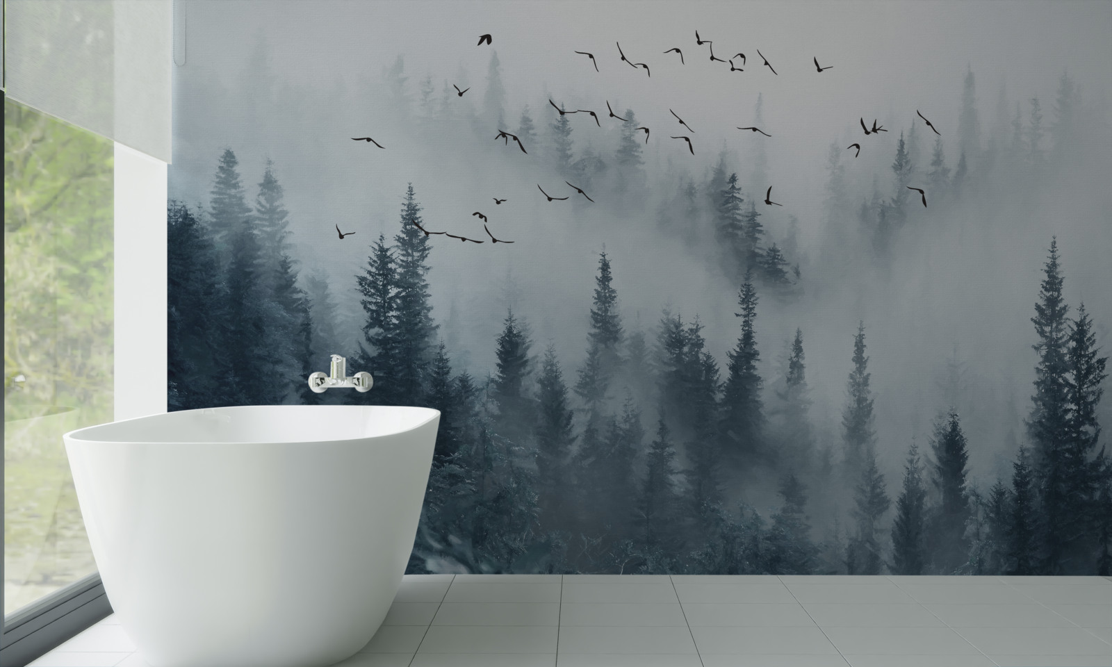 Fotobehang bos omgeven door mist blijft onder vliegende vogels