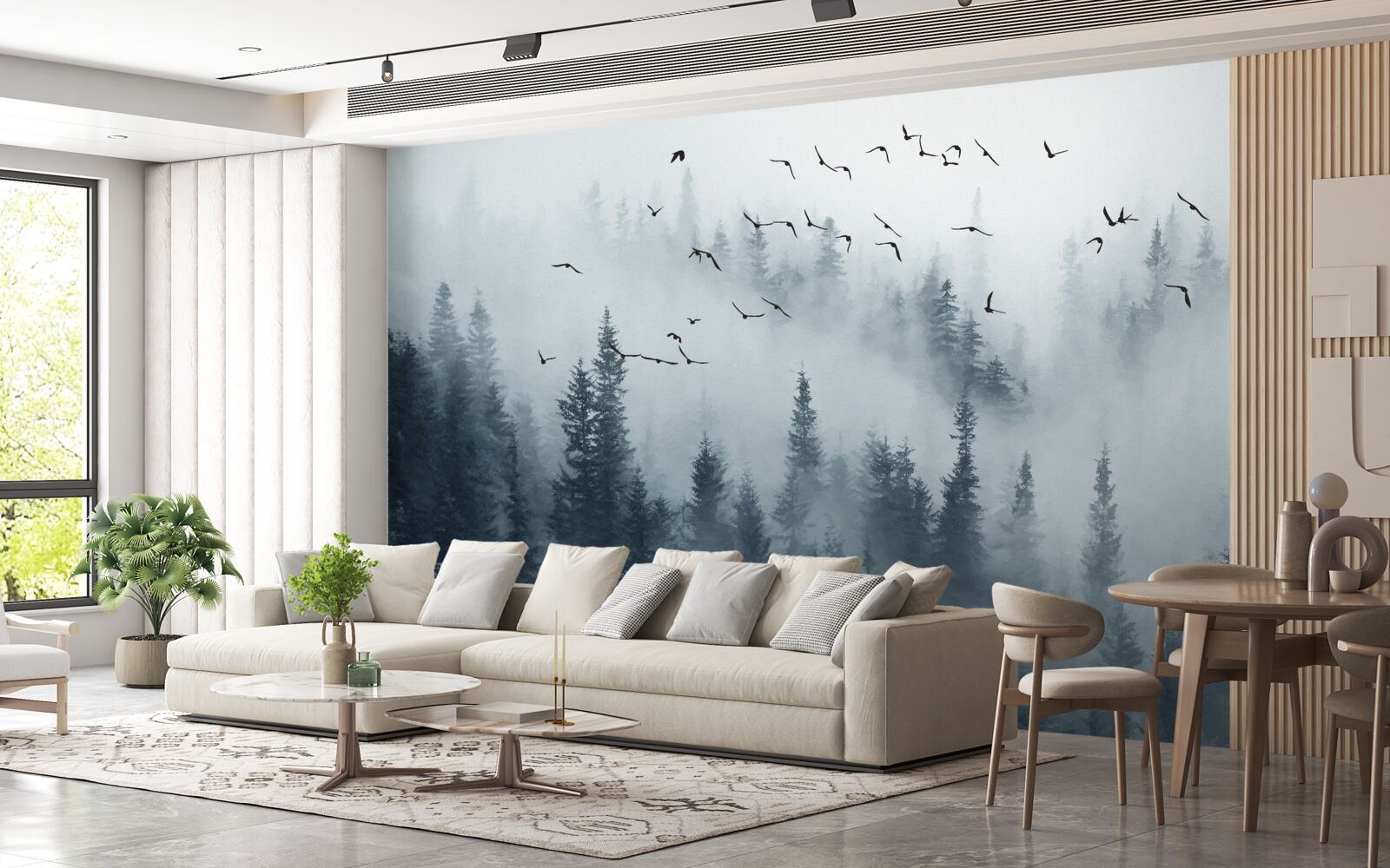 Fotobehang bos omgeven door mist blijft onder vliegende vogels