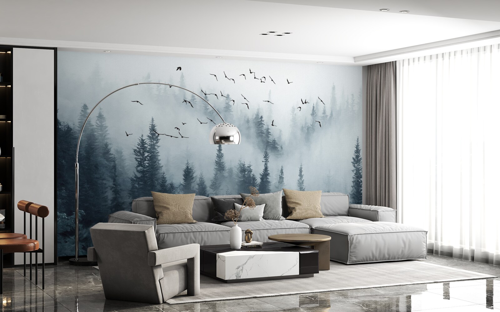 Fotobehang bos omgeven door mist blijft onder vliegende vogels