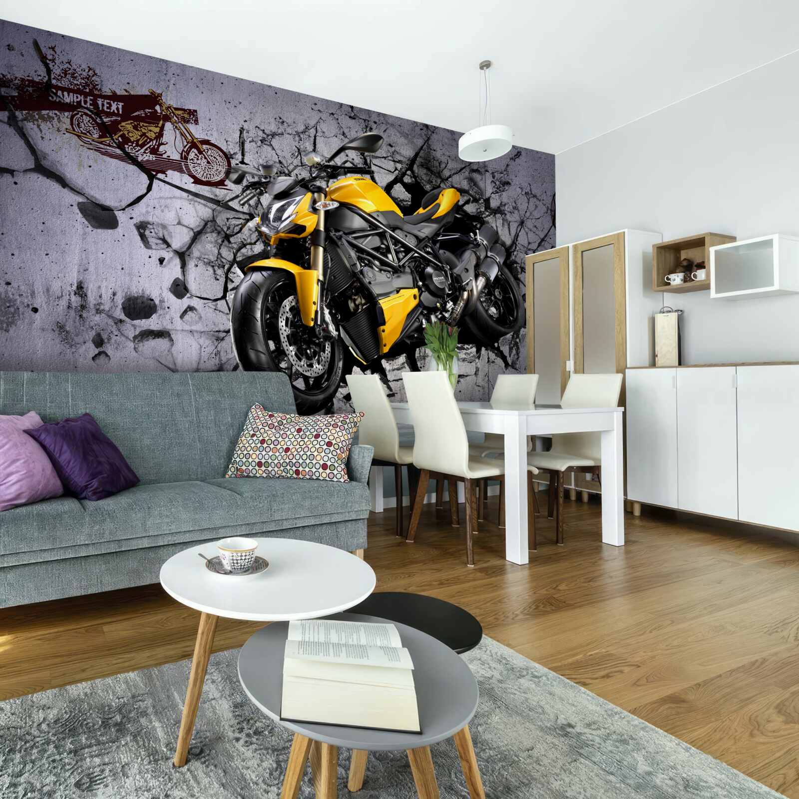 Fotobehang Gele motorfiets tegen een achtergrond van graffiti