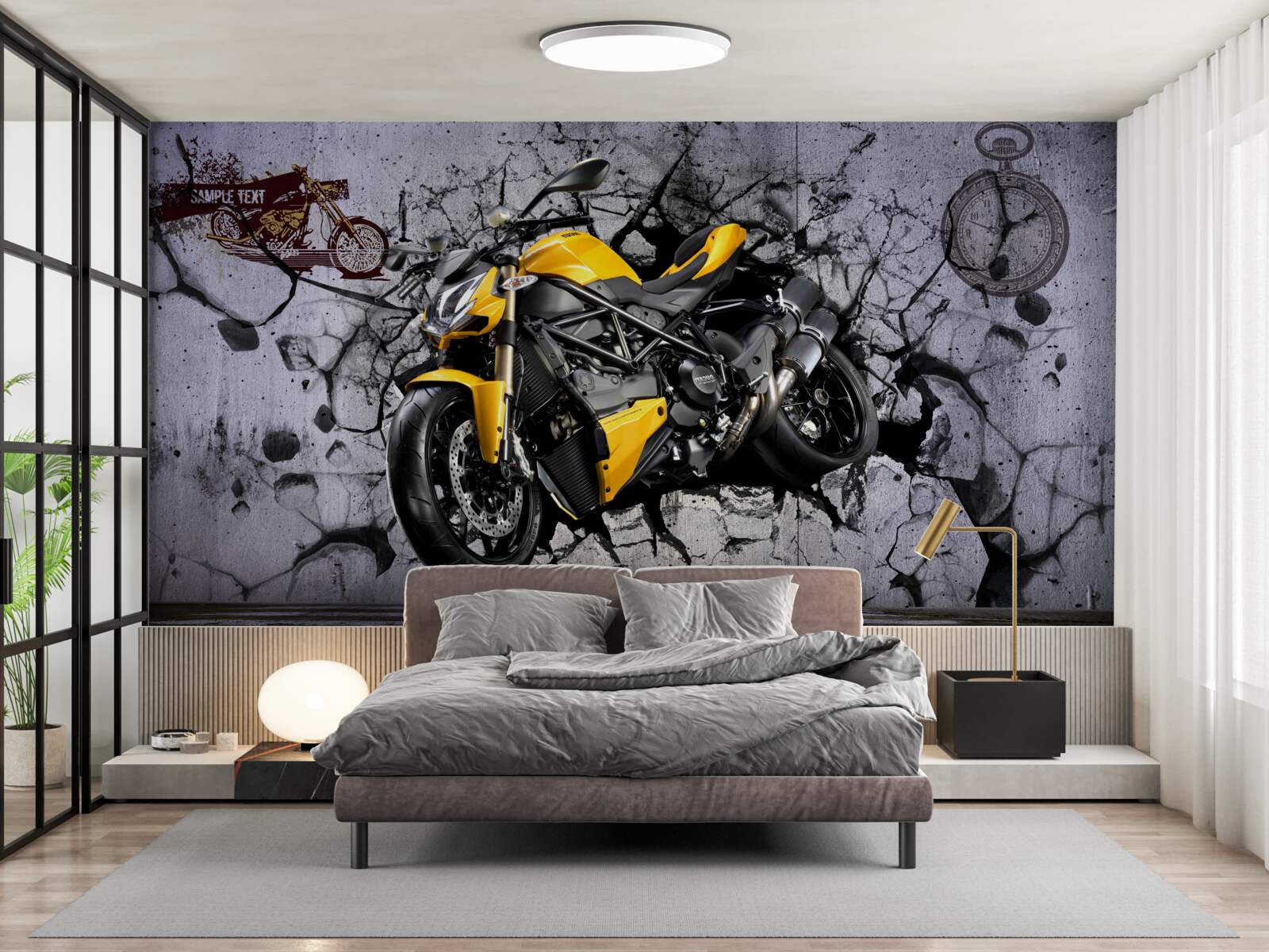 Fotobehang Gele motorfiets tegen een achtergrond van graffiti