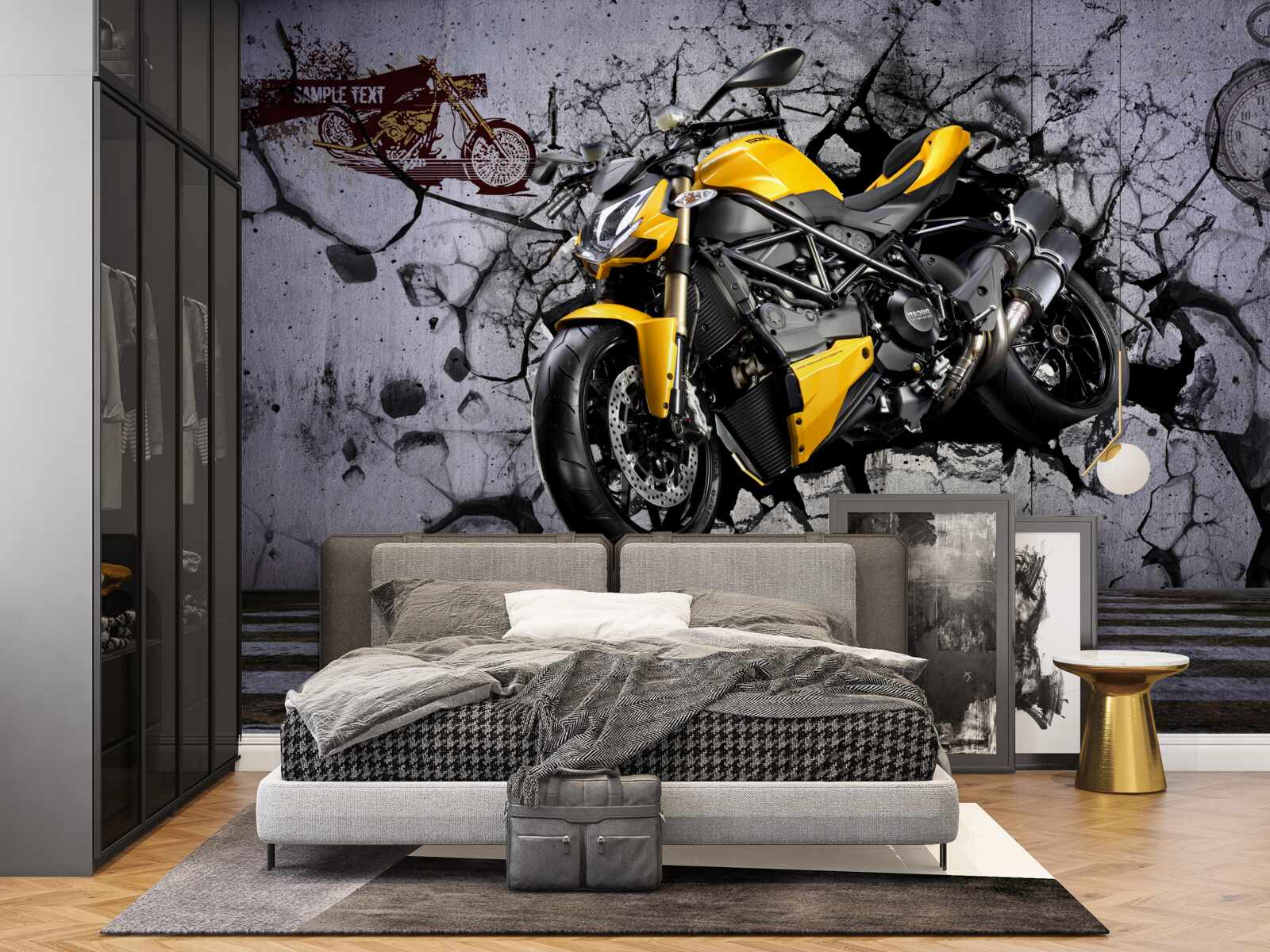 Fotobehang Gele motorfiets tegen een achtergrond van graffiti