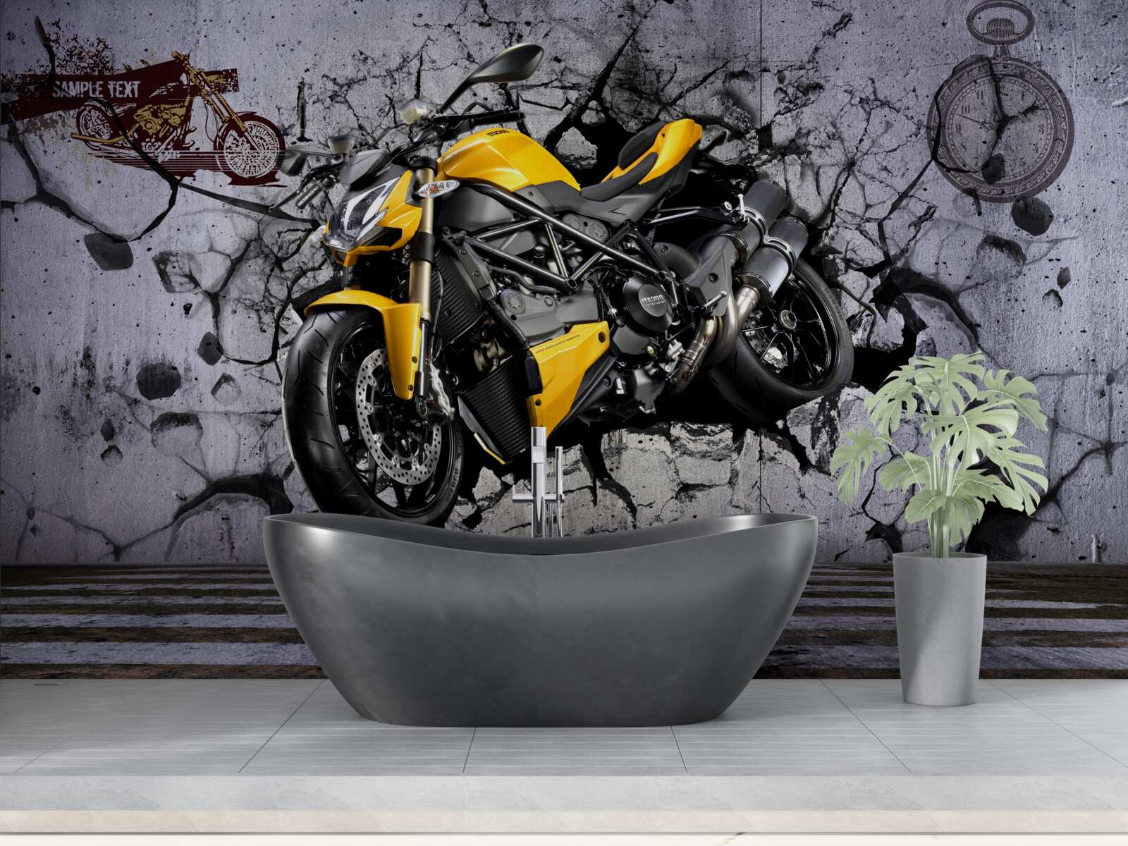 Fotobehang Gele motorfiets tegen een achtergrond van graffiti