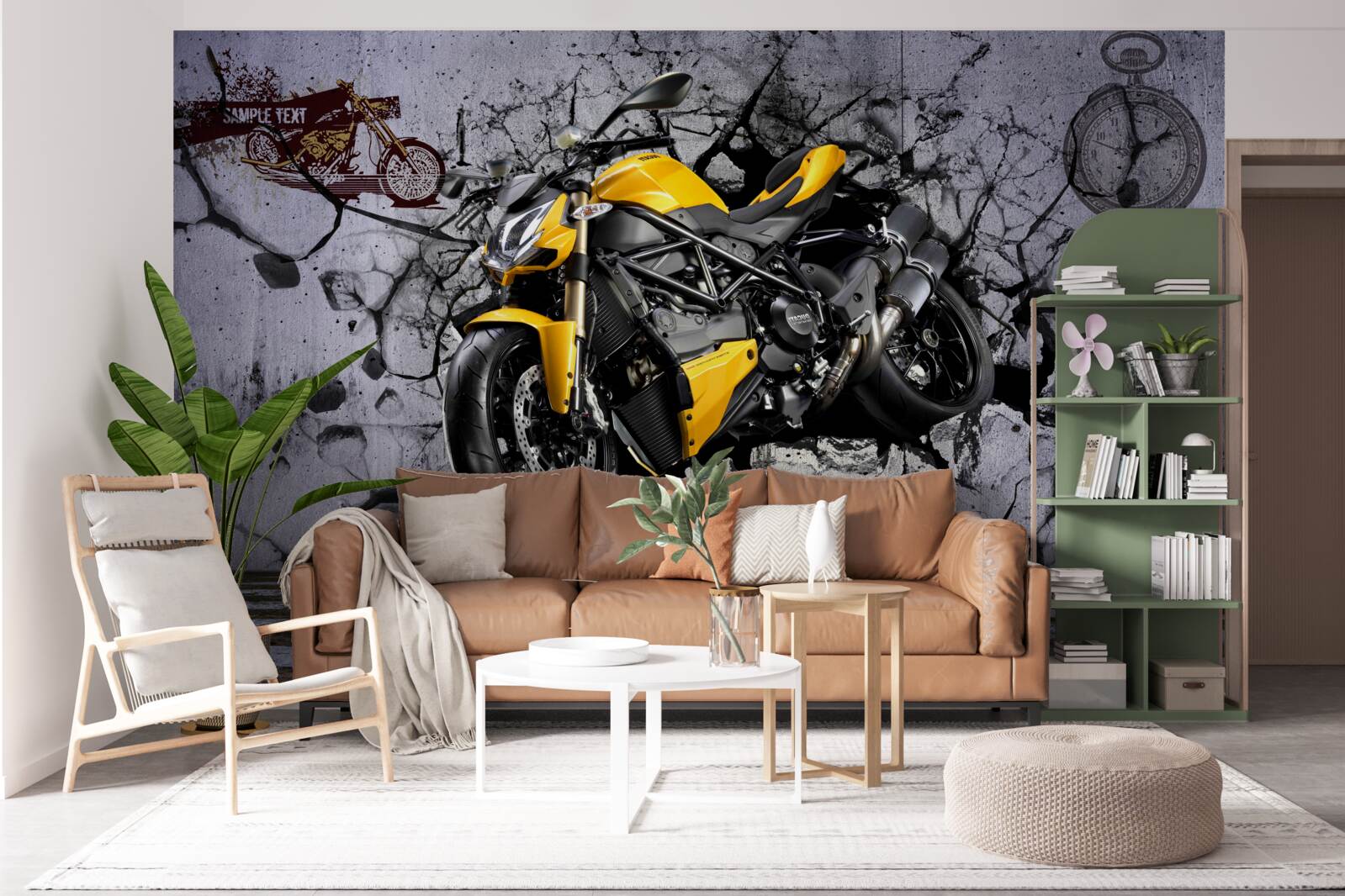 Fotobehang Gele motorfiets tegen een achtergrond van graffiti