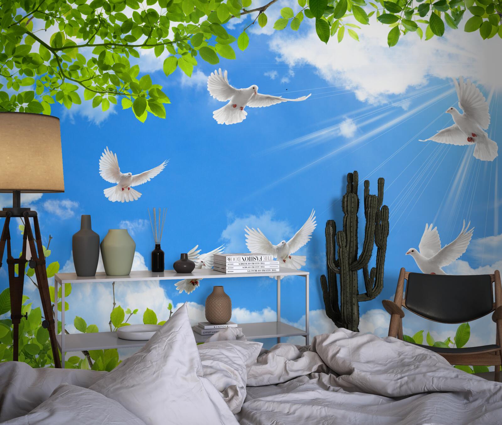 Fotobehang groenomrande duiven glijden door de blauwe lucht