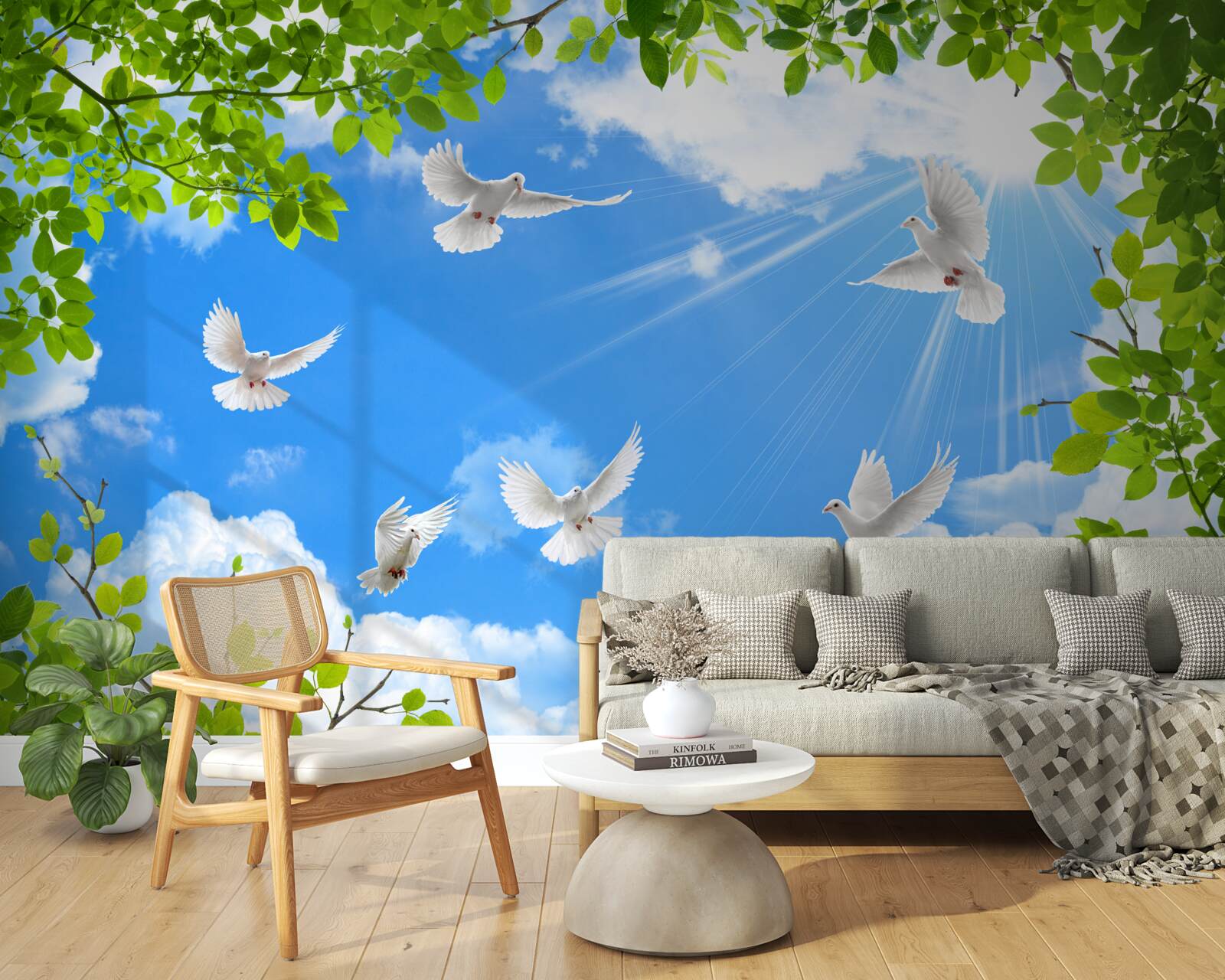 Fotobehang groenomrande duiven glijden door de blauwe lucht