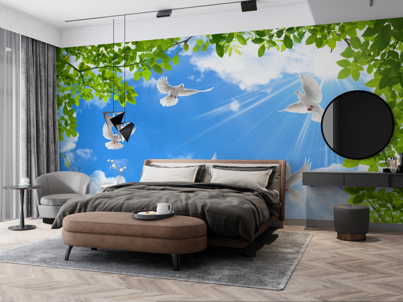 Fotobehang groenomrande duiven glijden door de blauwe lucht