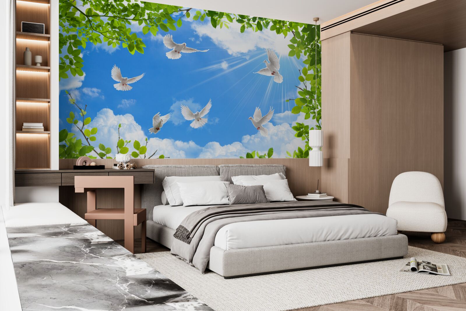 Fotobehang groenomrande duiven glijden door de blauwe lucht