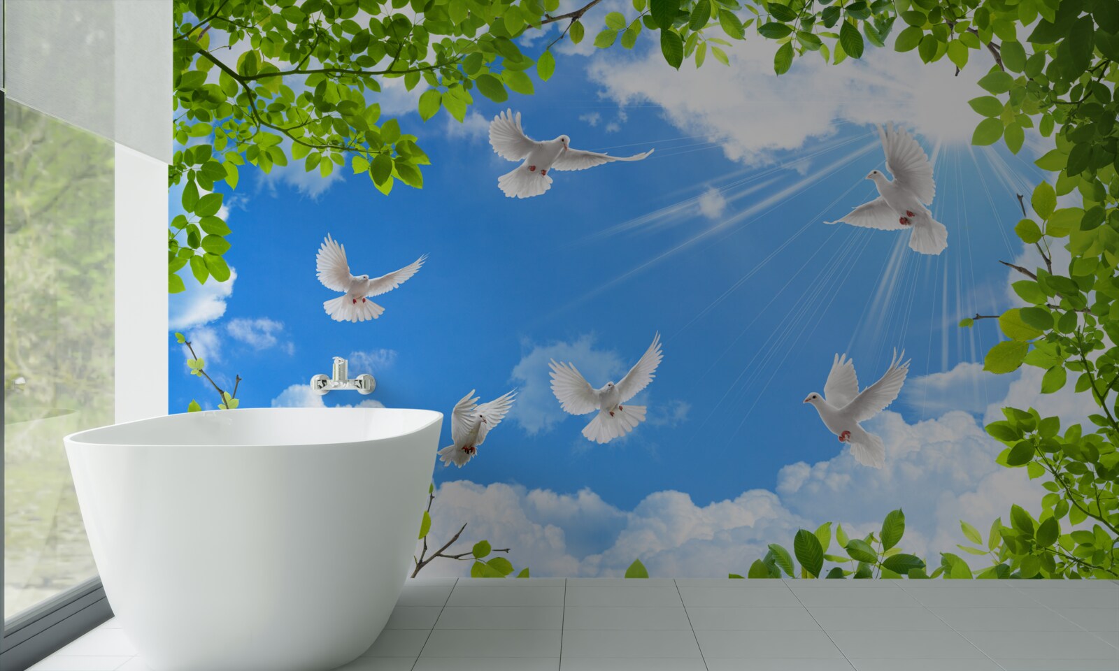 Fotobehang groenomrande duiven glijden door de blauwe lucht