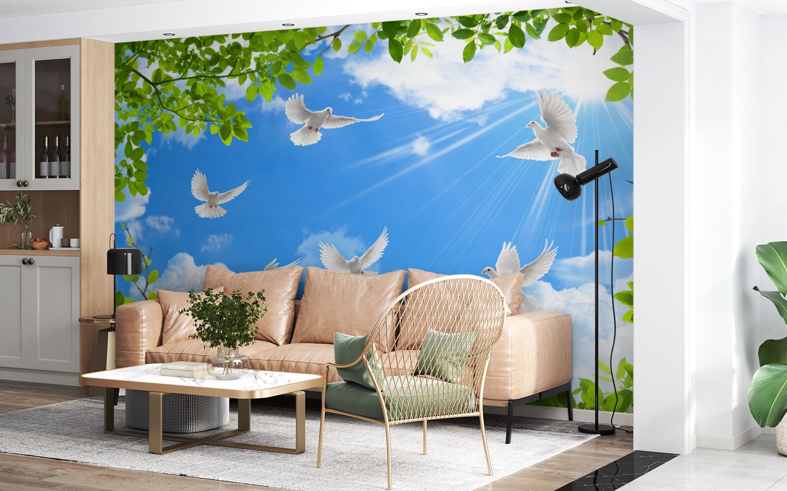 Fotobehang groenomrande duiven glijden door de blauwe lucht