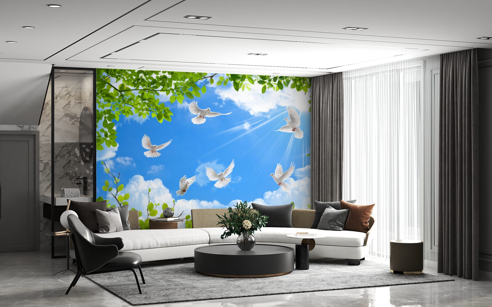 Fotobehang groenomrande duiven glijden door de blauwe lucht