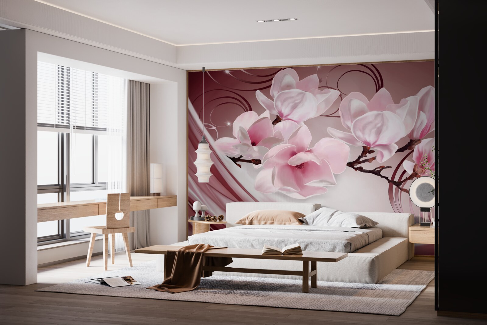 Fotobehang grote roze bloemen op roze achtergrond