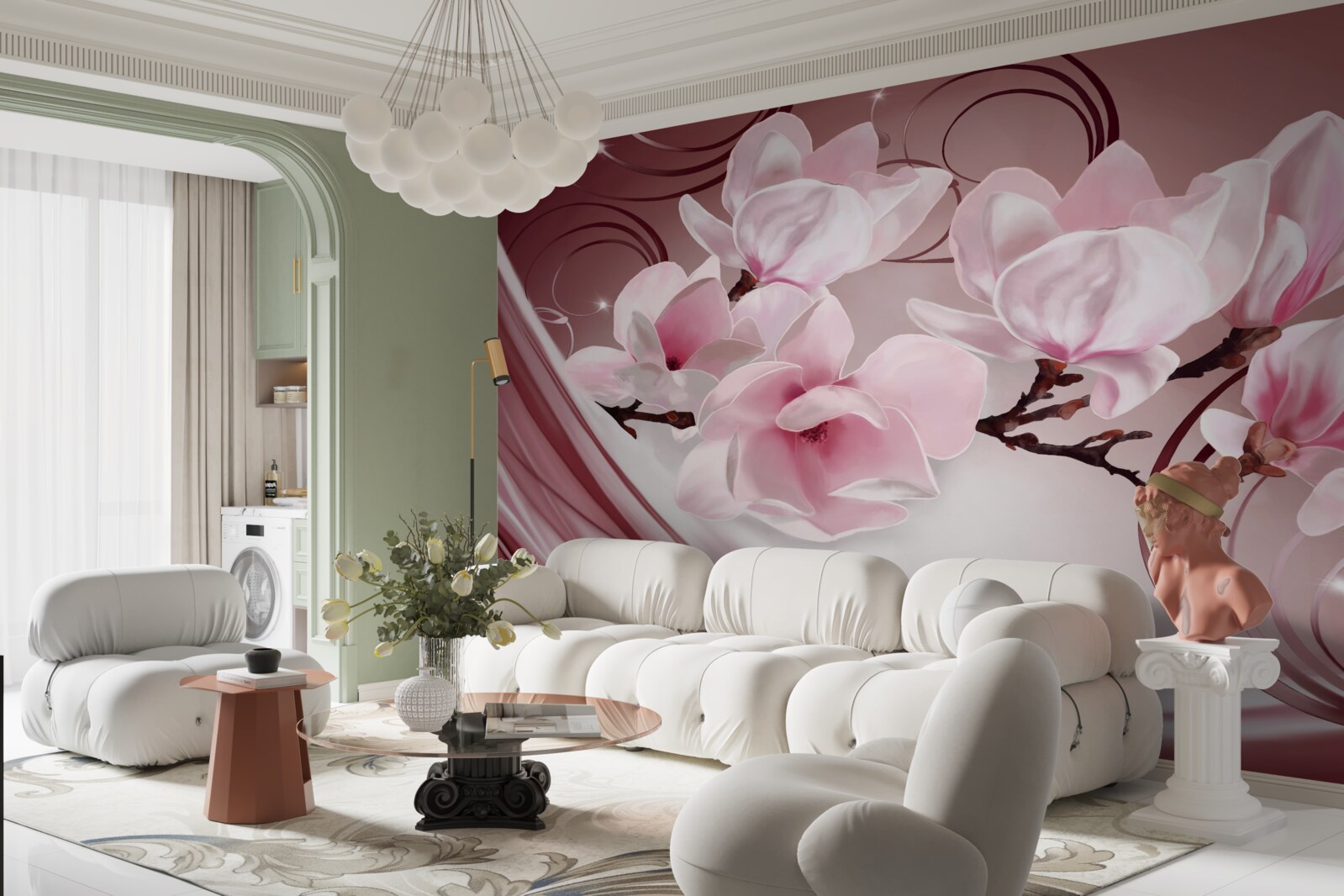 Fotobehang grote roze bloemen op roze achtergrond