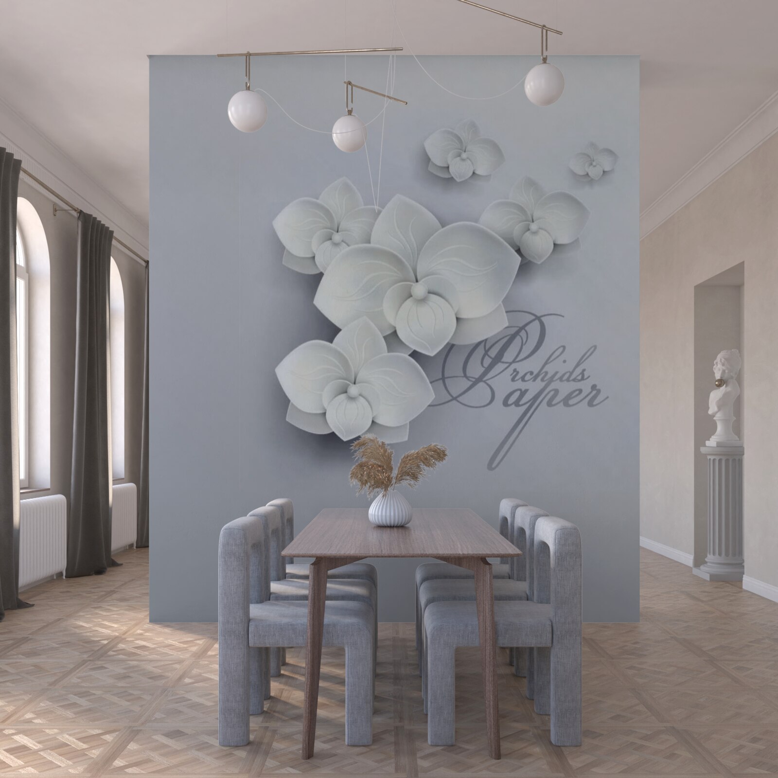 Fotobehang grijze achtergrond versierd met witte orchideeën