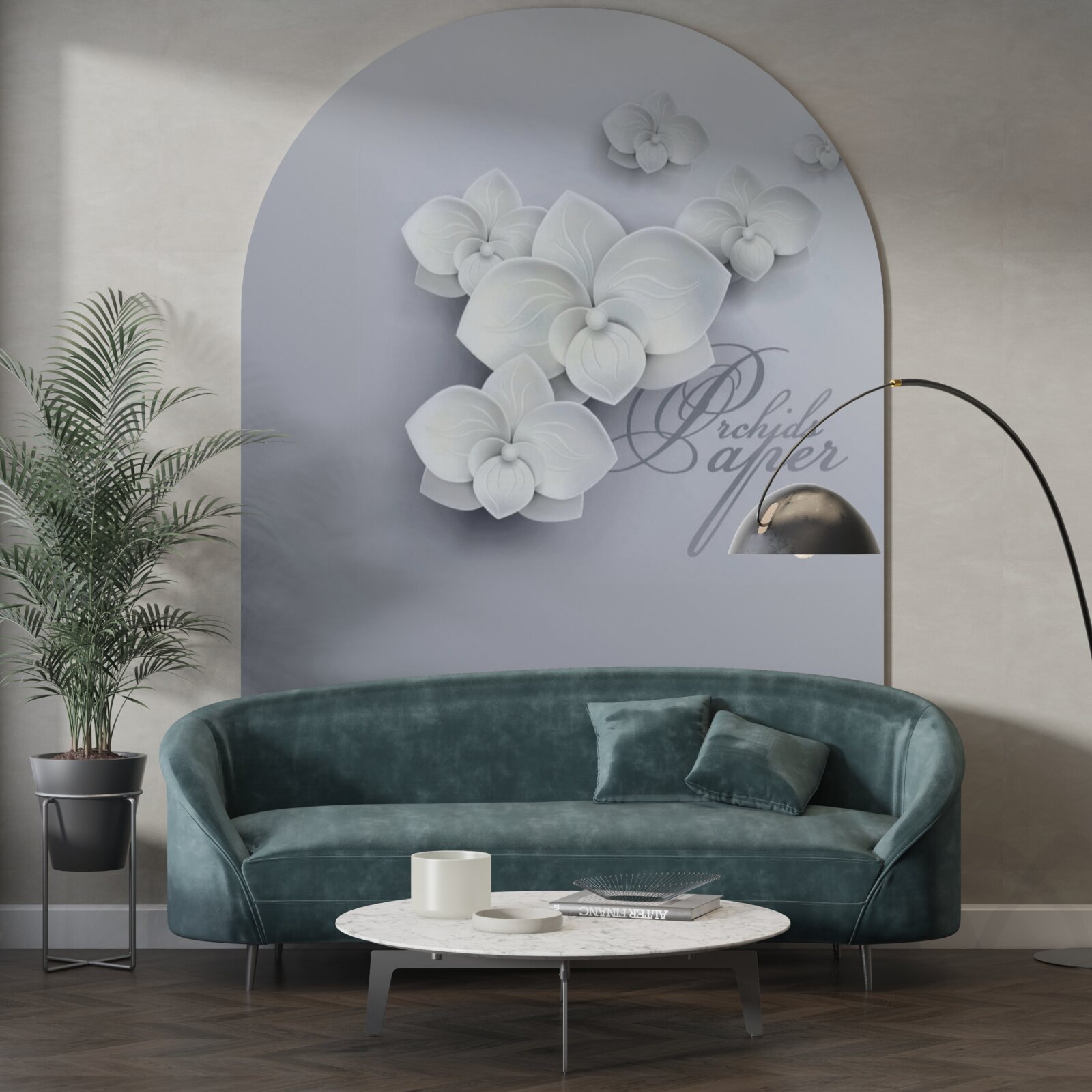 Fotobehang grijze achtergrond versierd met witte orchideeën